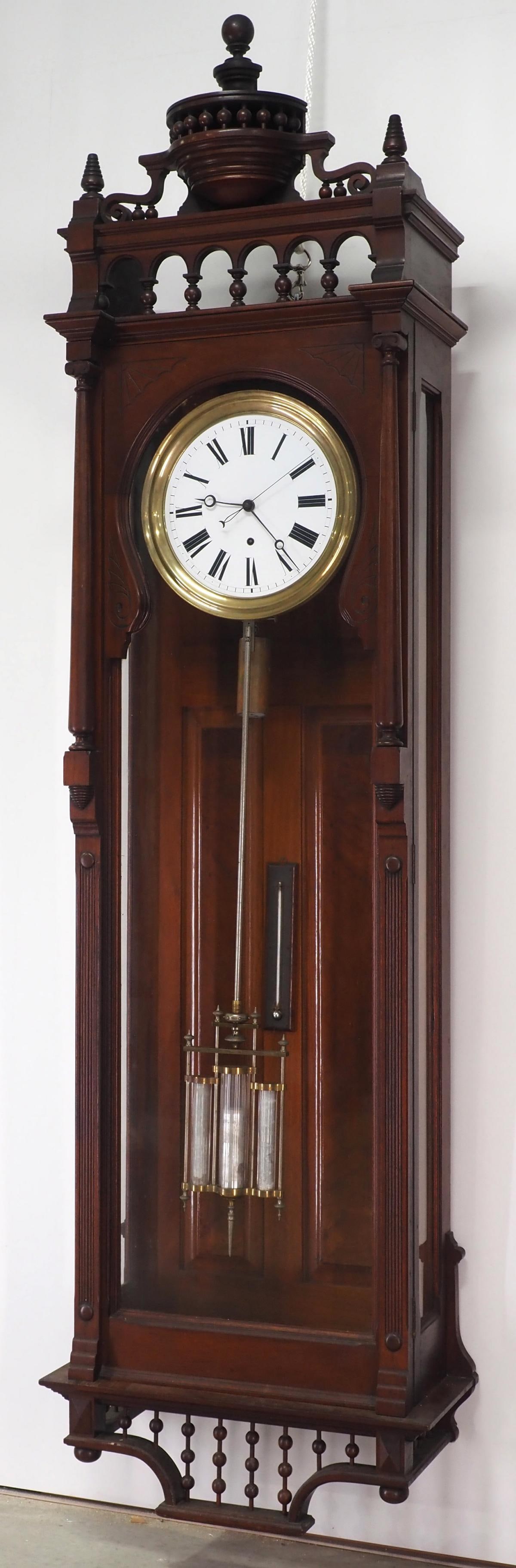 RARE Ansonia Hanging Regulator No.18: RARE Ansonia Hanging Regulator Clock No.18. Circa 1894 with Black Walnut Case and Triple Vial Mercurial Compensating Pendulum, 8-Day Movement. Featured in Tran Duy Ly's Book Ansonia Clocks pg 176 ($14