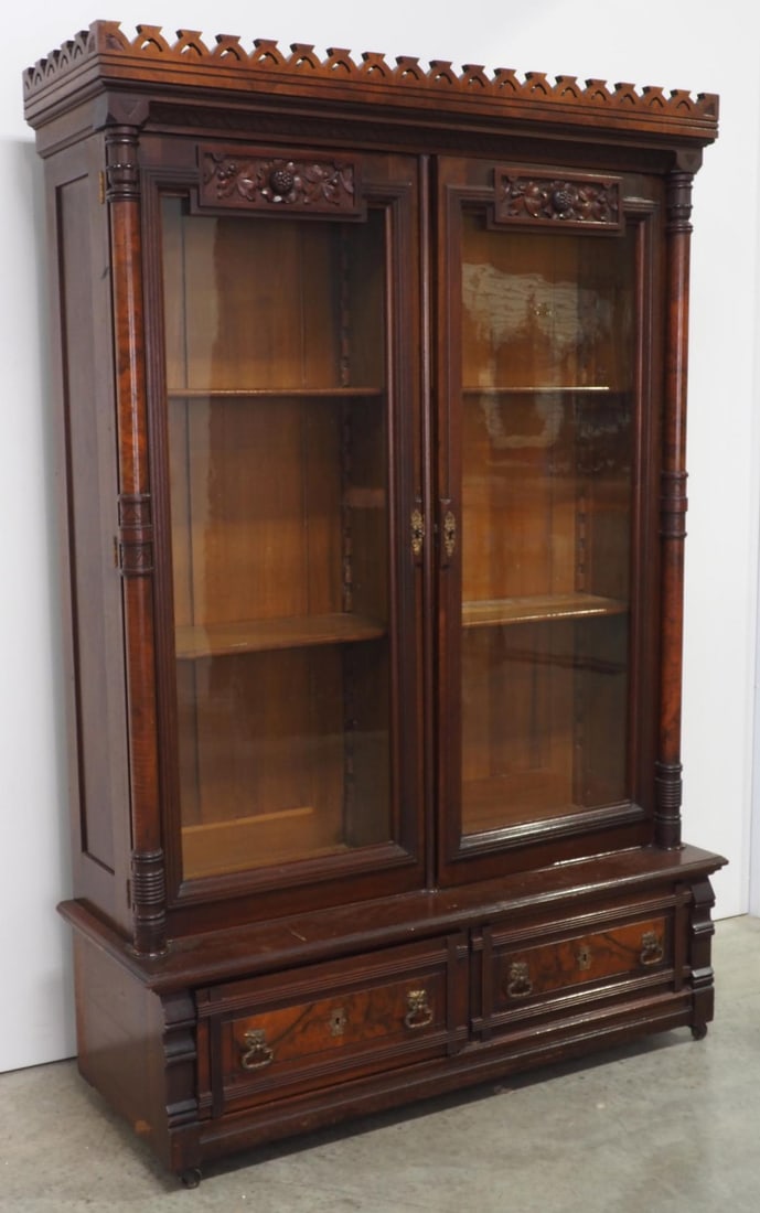 Victorian Burled Walnut Aesthetic Movement Double Door Bookcase (1 of 10)