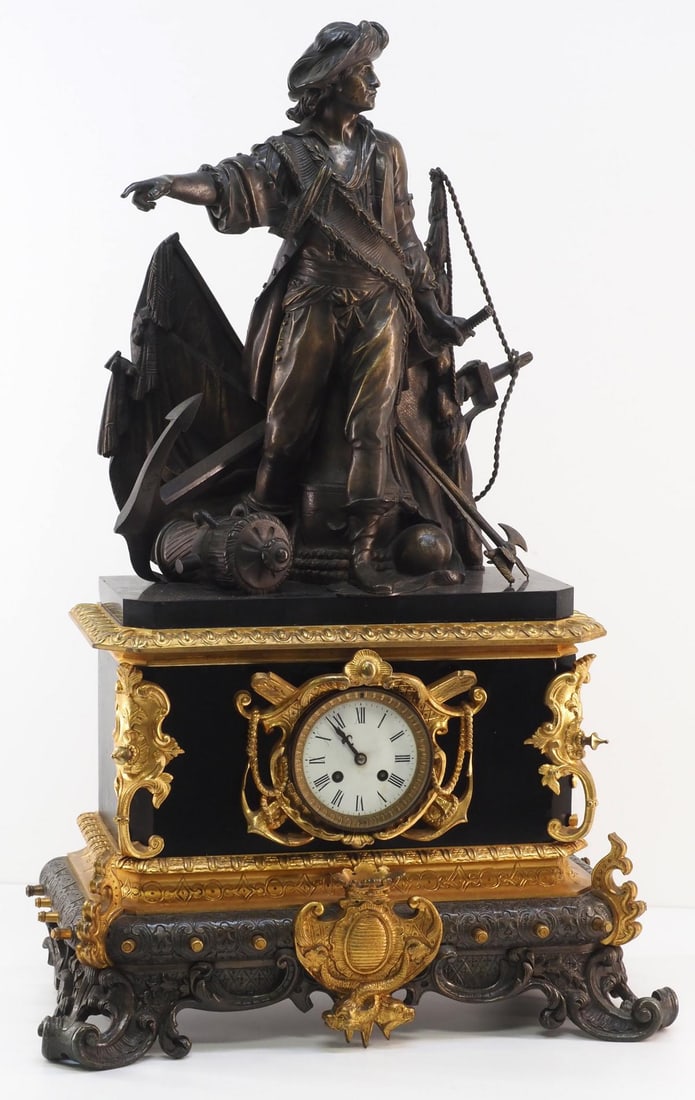 French Napoleon III-style Late 19th Century Bronze Naval Commander Mantle Clock: French Napoleon III-style Late 19th Century Bronze Naval Commander Mantle Clock with Ornate Brass Ormolu, Enamel Dial and Slate Case, works marked 8534 Condition NOTICE! VERY IMPORTANT! Chupp Auctions