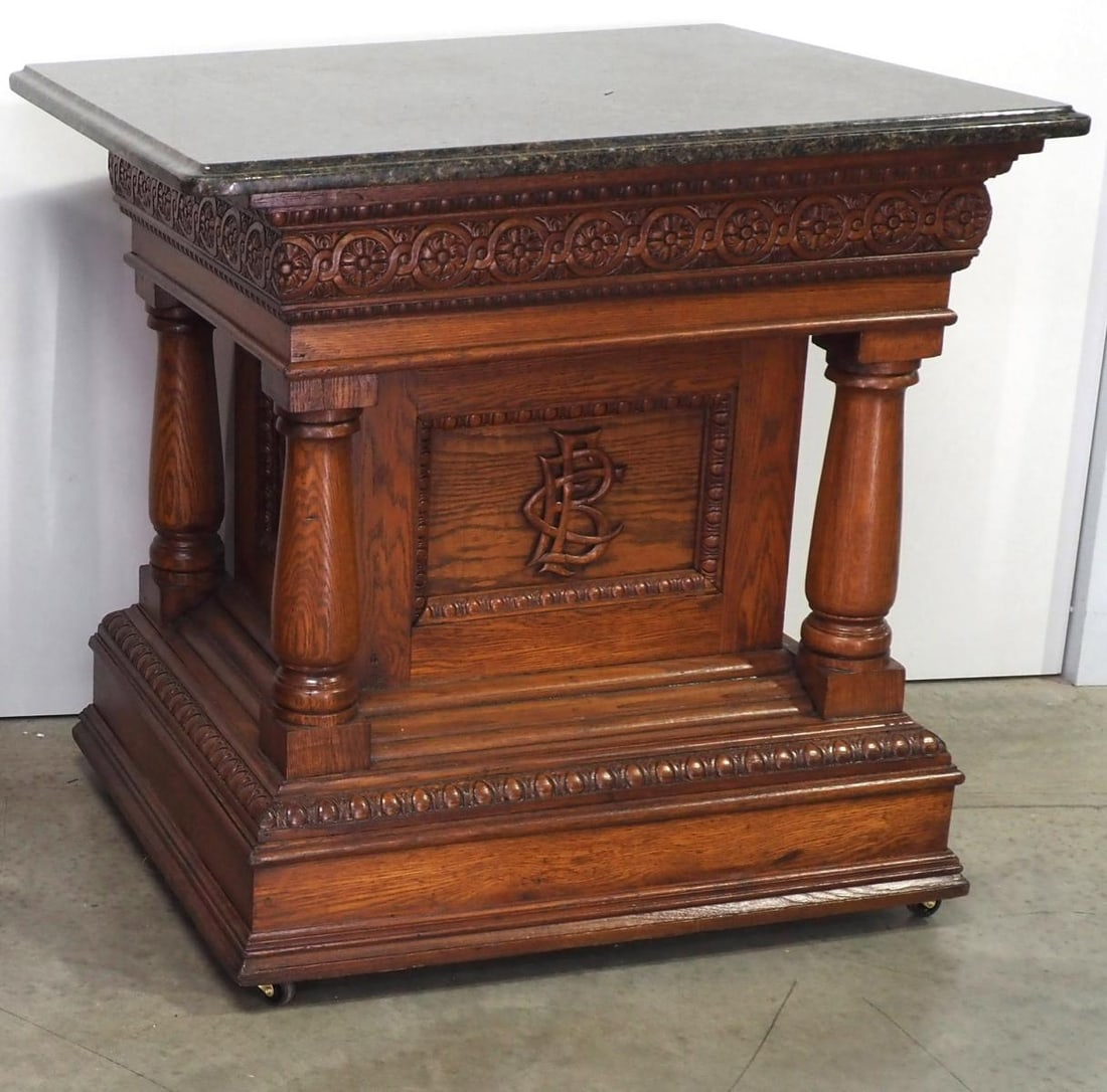 Carved Oak Altar with Custom Granite Top: Carved Oak Altar with Custom Granite Top, likely Masonic Condition NOTICE! VERY IMPORTANT! Chupp Auctions is pleased to issue an opinion on any lot; the absence of a condition report does not indicate