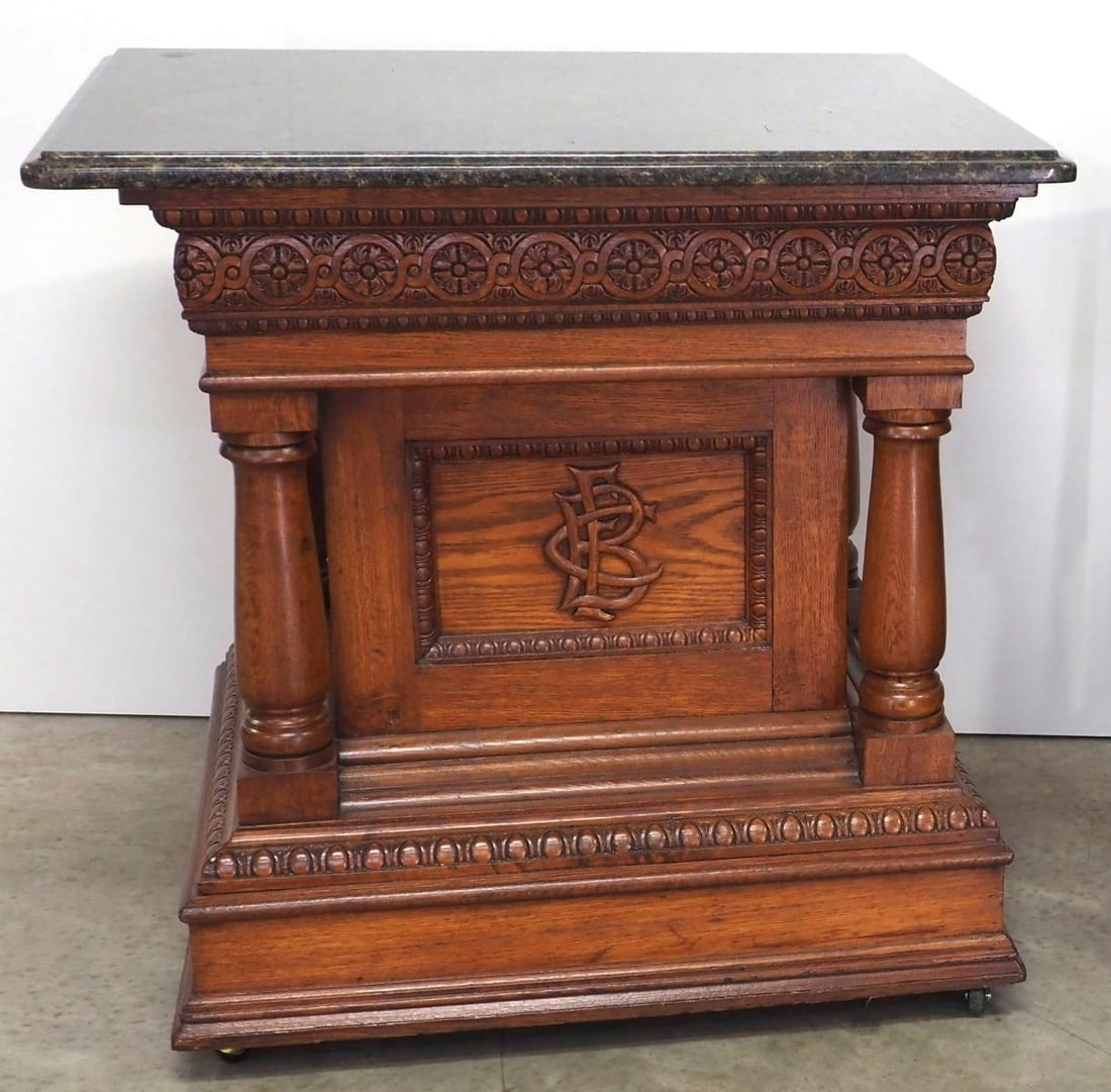 Carved Oak Altar with Custom Granite Top: Carved Oak Altar with Custom Granite Top, likely Masonic Condition NOTICE! VERY IMPORTANT! Chupp Auctions is pleased to issue an opinion on any lot; the absence of a condition report does not indicate