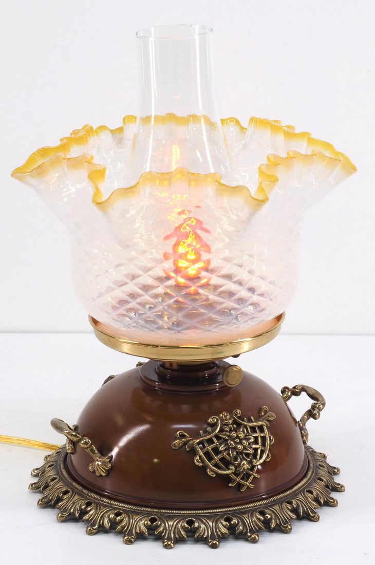 P&A Hurricane-style Table Lamp with Quilted Blue Opalescent Ruffle Top Shade: P&A Hurricane-style Table Lamp with Metal Patina Base and Applied Cast Brass with Quilted Blue Opalescent Ruffle Top Shade, bottom marked P&A 191 Condition NOTICE! VERY IMPORTANT! Chupp Auctions is pl