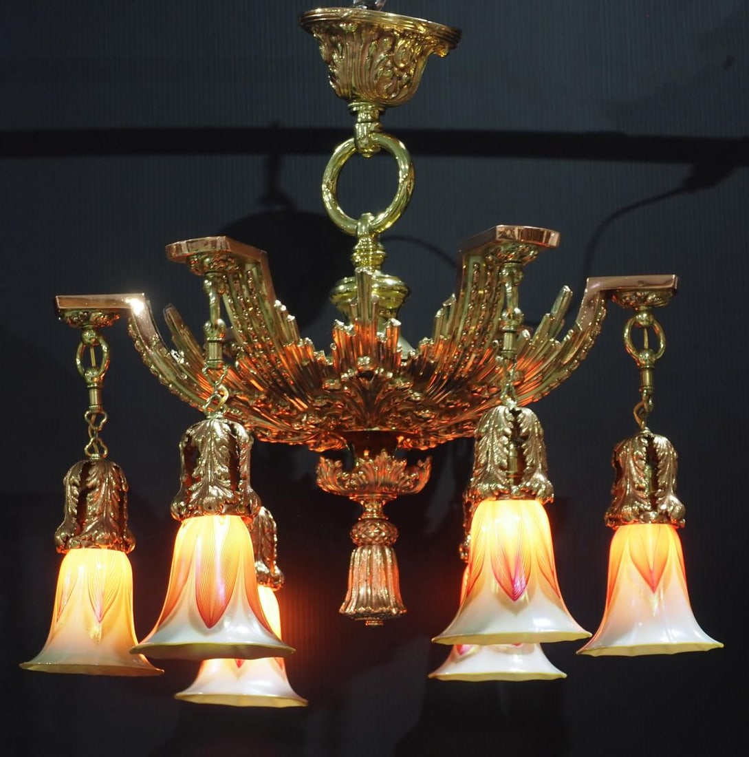 Elaborate Cast Brass Chandelier with 6 Signed Steuben Shades (1 of 6)