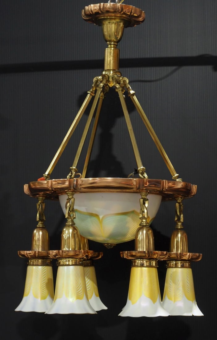 Cast Brass Art Nouveau Chandelier with 6 Signed Quezal Shades: Cast Brass Art Nouveau Chandelier with 6 Signed Quezal Gold Aurene Shades in a Pulled Feather Design with Rare Matching Pulled Feather Center Dome - one shade is broken & repaired Condition NOTICE! VE