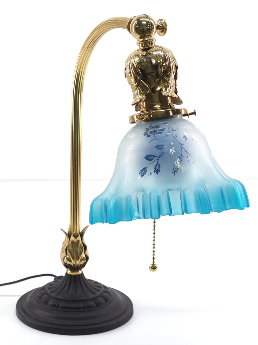 Brass & Cast Gooseneck Desk Lamp with Ruffled Blue Frosted Shade: Brass & Cast Gooseneck Desk Lamp with Ruffled Blue Frosted Shade Condition NOTICE! VERY IMPORTANT! Chupp Auctions is pleased to issue an opinion on any lot; the absence of a condition report does not 