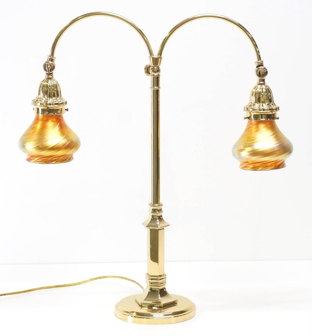 Elegant Double Arm Banker's Lamp with Gold Aurene Swirl Shades (1 of 3)