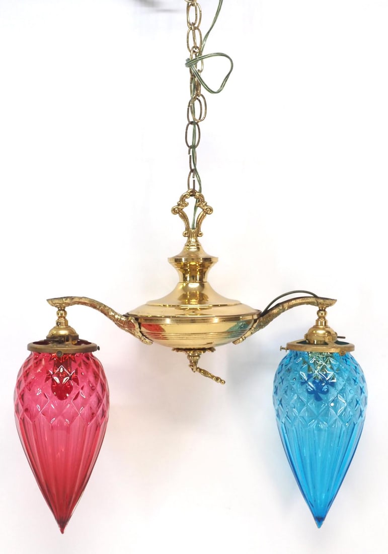 Double Arm Pan Fixture with 2 Conical Pendant Quilted Glass Shades: Polished Brass Double Arm Pan Fixture with 2 Conical Pendant Quilted Glass Shades Condition NOTICE! VERY IMPORTANT! Chupp Auctions is pleased to issue an opinion on any lot; the absence of a condition