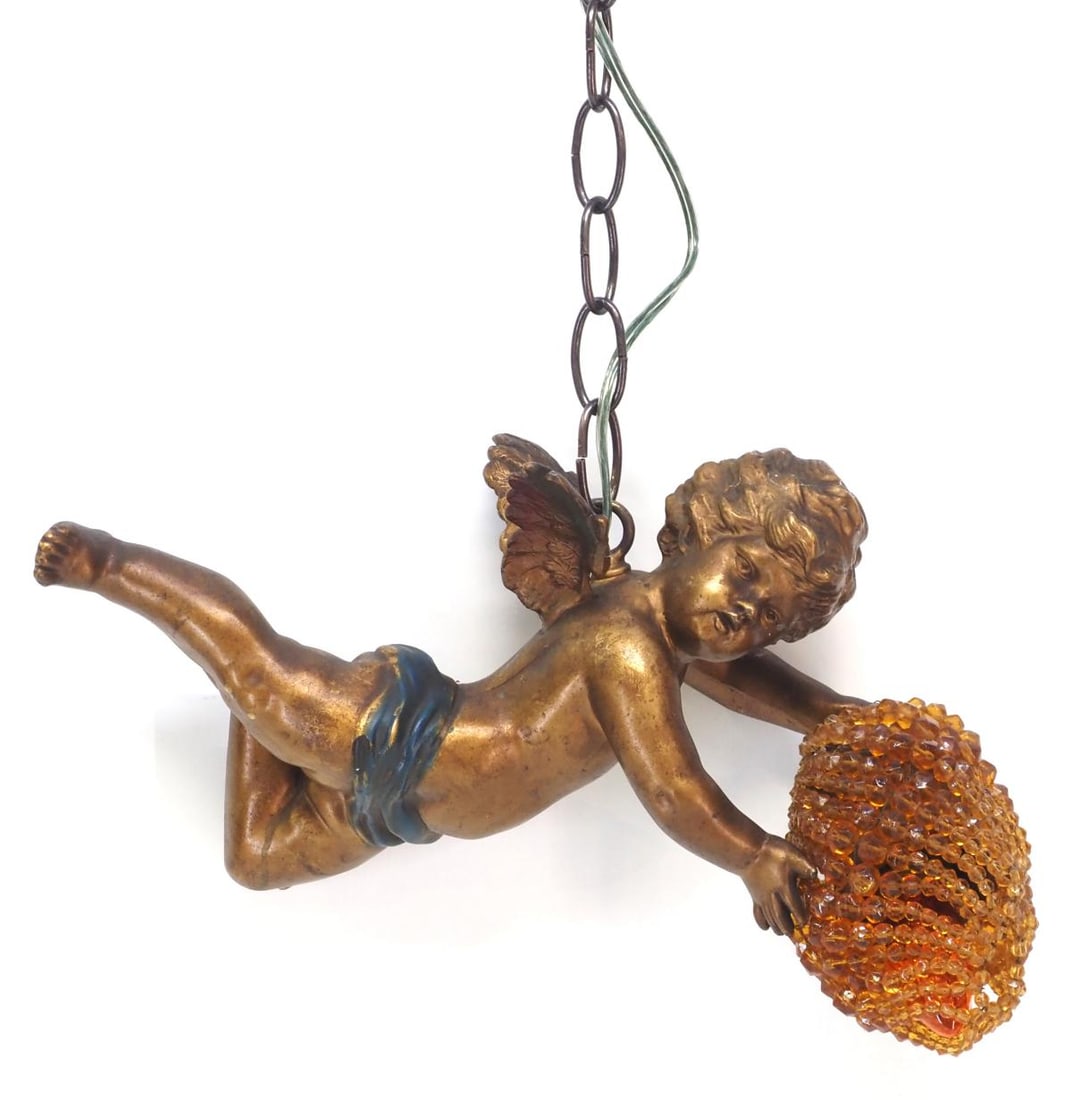 French Putti Angel Pendant Lamp with Amber Bead Bag Bulb Cover: French Putti Angel Pendant Lamp with Amber Bead Bag Bulb Cover Condition NOTICE! VERY IMPORTANT! Chupp Auctions is pleased to issue an opinion on any lot; the absence of a condition report does not in