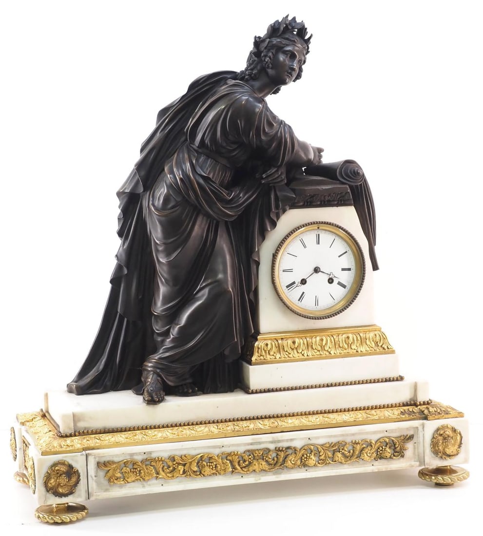 Vincenti & Cie French Bronze Figural Mantle Clock with Marble Case: Vincenti & Cie French Bronze Figural Mantle Clock with Marble Case, with key Condition NOTICE! VERY IMPORTANT! Chupp Auctions is pleased to issue an opinion on any lot; the absence of a condition repo