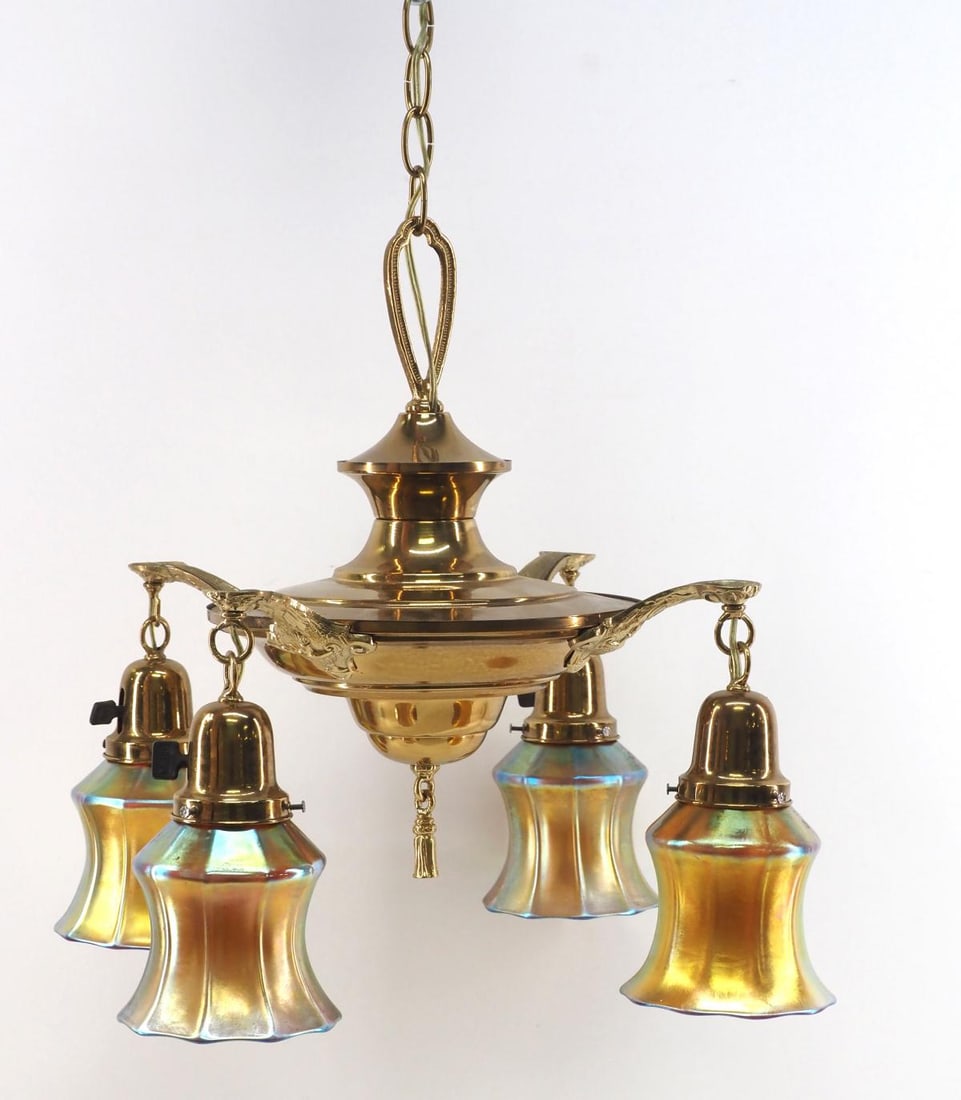 Polished Brass Pan Chandelier with 4 Gold Aurene Shades (1 of 6)
