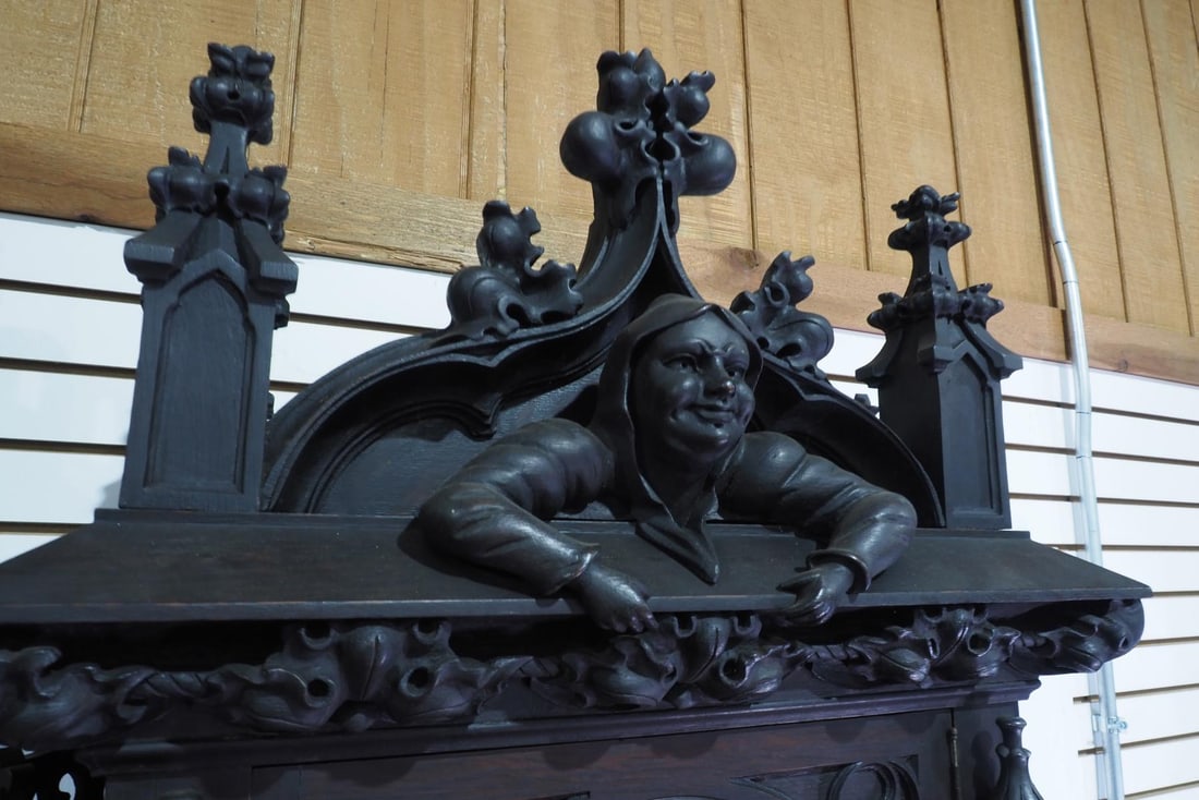 Gothic Friar Carved Quartersawn Fumed Oak 5-Tube Grandfather Tall Case Clock - 18