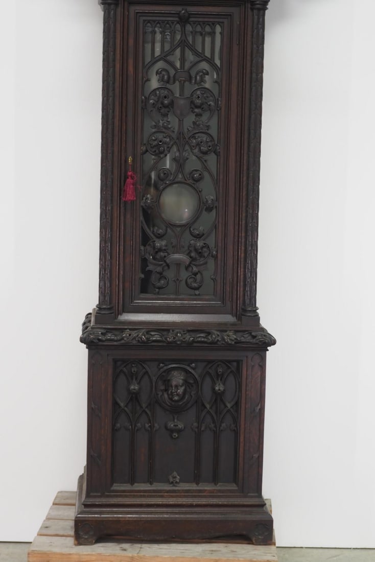 Gothic Friar Carved Quartersawn Fumed Oak 5-Tube Grandfather Tall Case Clock - 2
