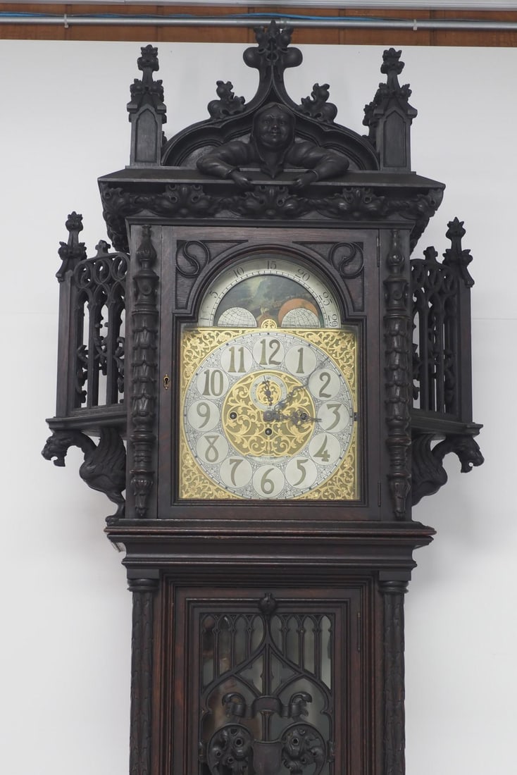 Gothic Friar Carved Quartersawn Fumed Oak 5-Tube Grandfather Tall Case Clock - 3
