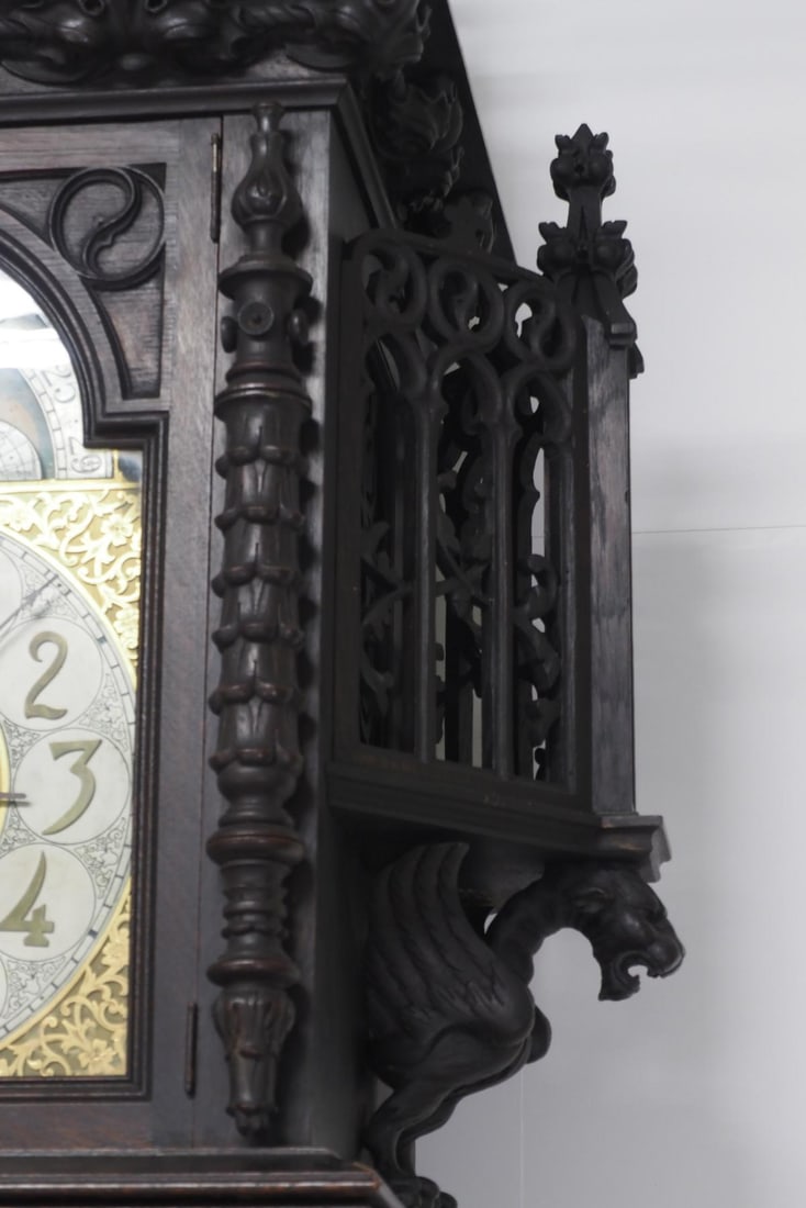 Gothic Friar Carved Quartersawn Fumed Oak 5-Tube Grandfather Tall Case Clock - 4