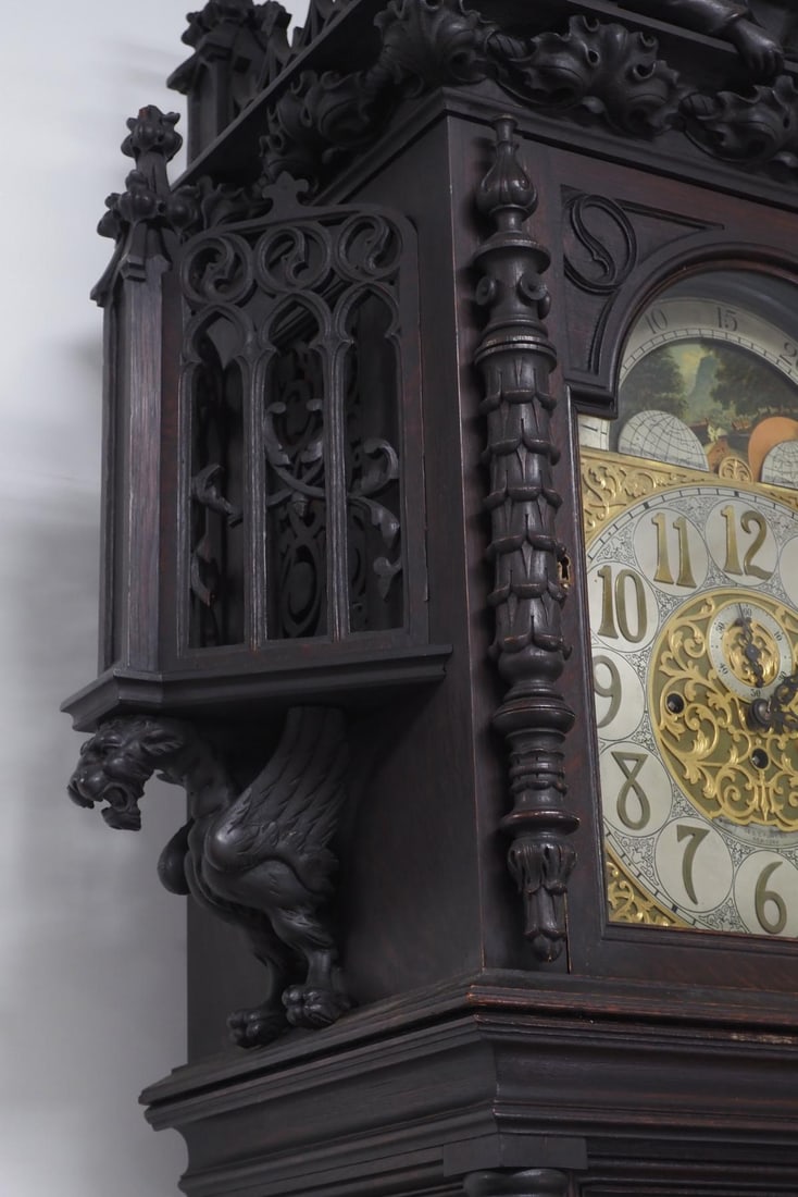 Gothic Friar Carved Quartersawn Fumed Oak 5-Tube Grandfather Tall Case Clock - 7