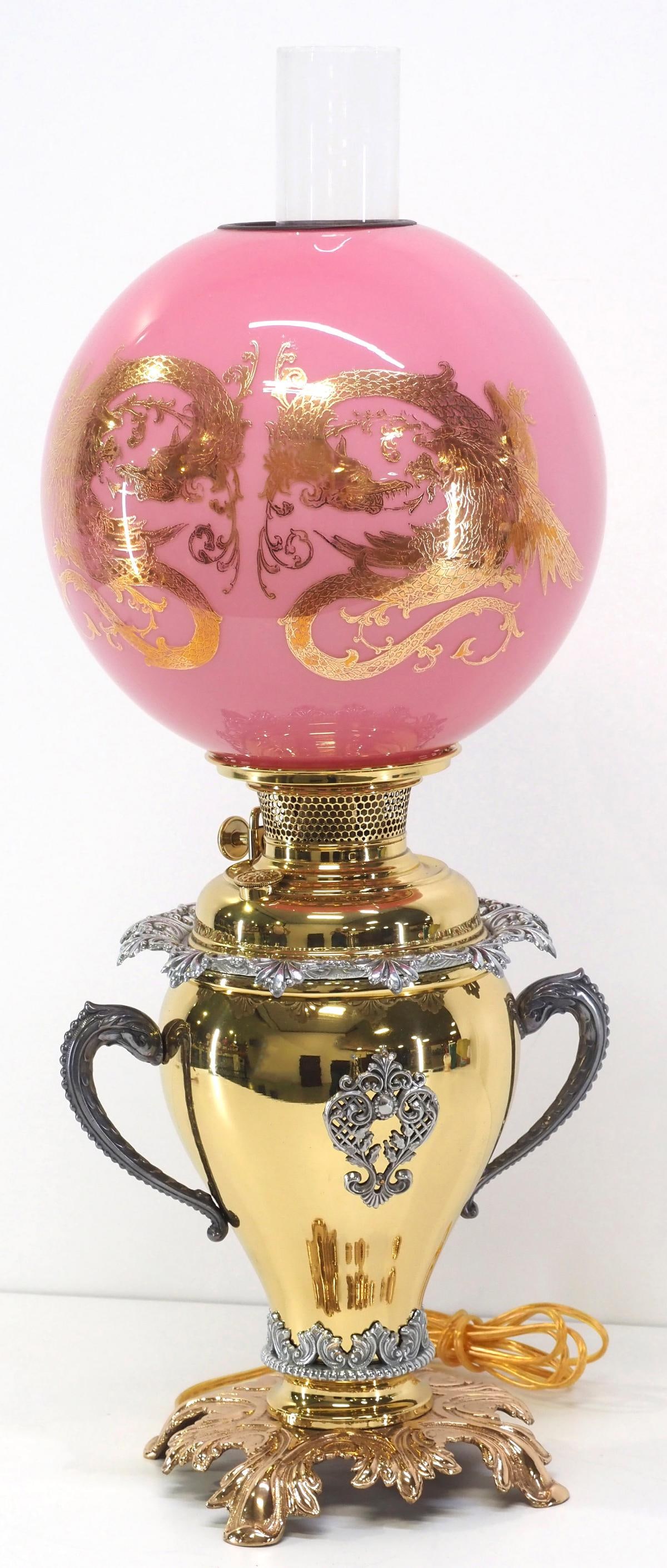 Victorian-style Brass & Nickel Parlor Lamp with Pink Cased Ball Globe: Victorian-style Brass & Nickel Parlor Lamp with Pink Cased Ball Globe with Gold Overlay Double Dragon Condition NOTICE! VERY IMPORTANT! Chupp Auctions is pleased to issue an opinion on any lot; the ab