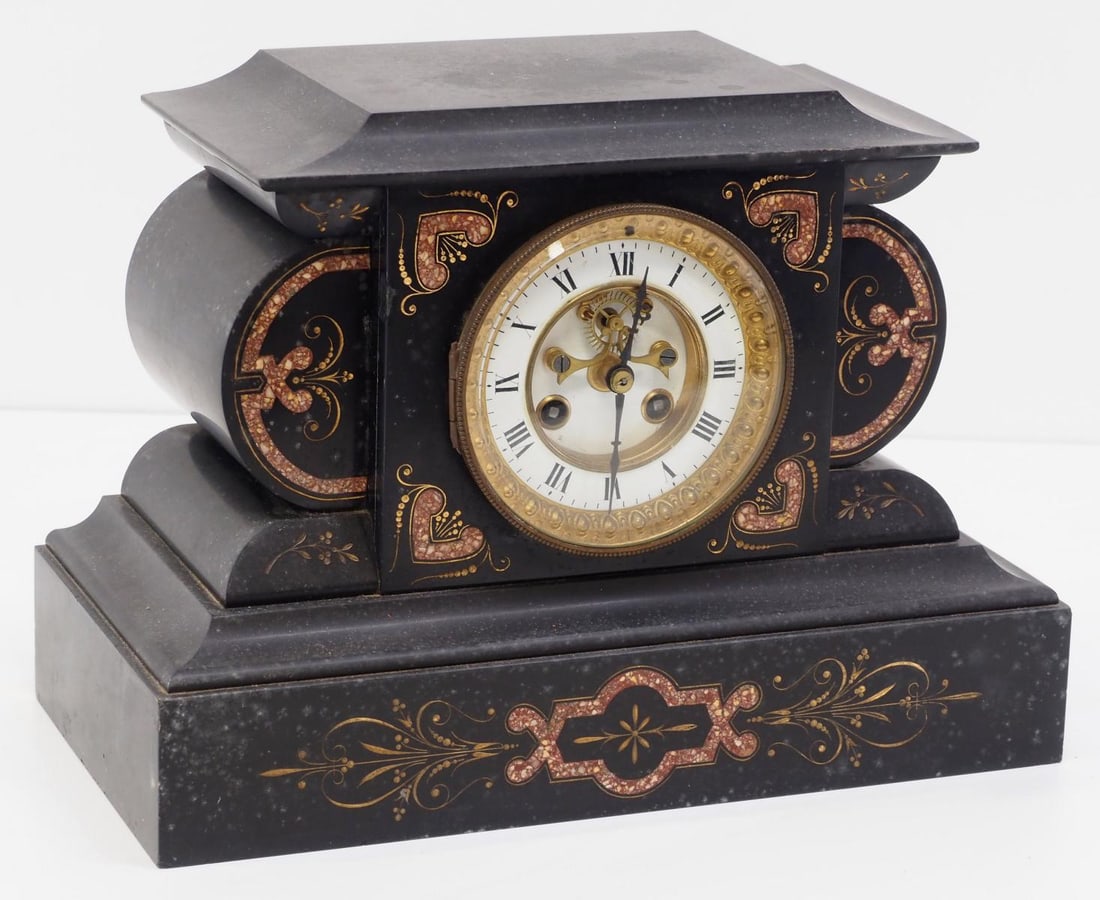 Victorian-style Mantle Clock with Inlaid Marble Slate Case (1 of 3)