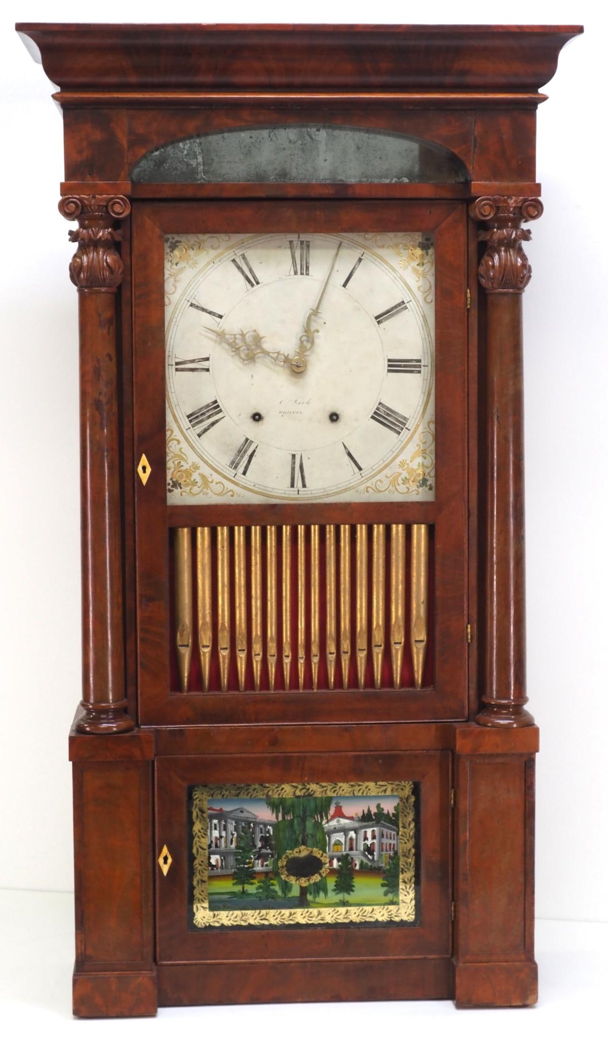 RARE 1 of 3 Known!! Kirk Empire Cased American Organ Clock: RARE 1 of 3 Known!! Kirk Empire Cased American Organ Clock, Bristol CT c.1837-1840, 8-Day Brass & Steel Strike, Fusee Mechanism, plays 7 tunes on 15 wooden flute pipes. Featured in Ord-Hume Mechanical