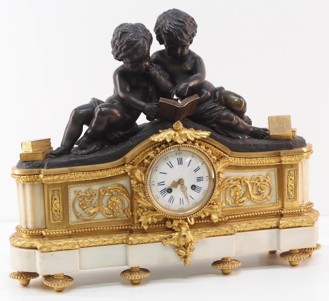 19th Century French Figural Mantle Clock with Bronze Cherubs: 19th Century French Figural Mantle Clock with Bronze Cherubs and Ormolu on Marble Base, with Enameled Dial Condition NOTICE! VERY IMPORTANT! Chupp Auctions is pleased to issue an opinion on any lot; t