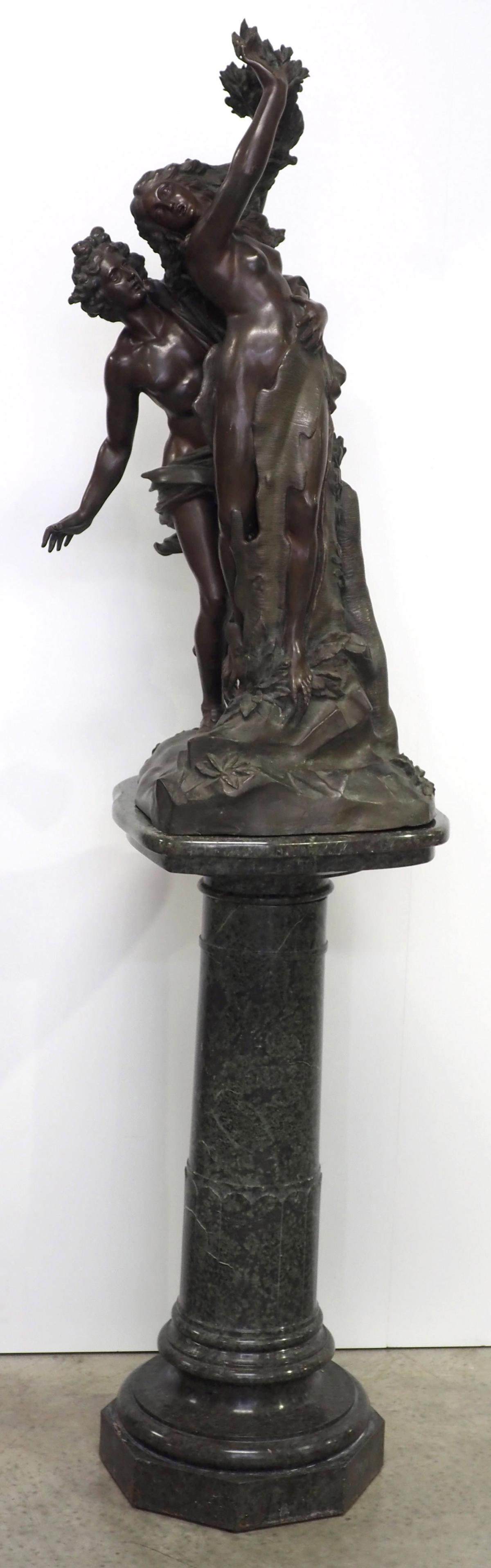 Bronze Sculpture of Apollo and Daphne on Green Marble Pedestal: Bronze Sculpture of Apollo and Daphne after the Original by Bernini, on Green Marble Pedestal Condition NOTICE! VERY IMPORTANT! Chupp Auctions is pleased to issue an opinion on any lot; the absence of