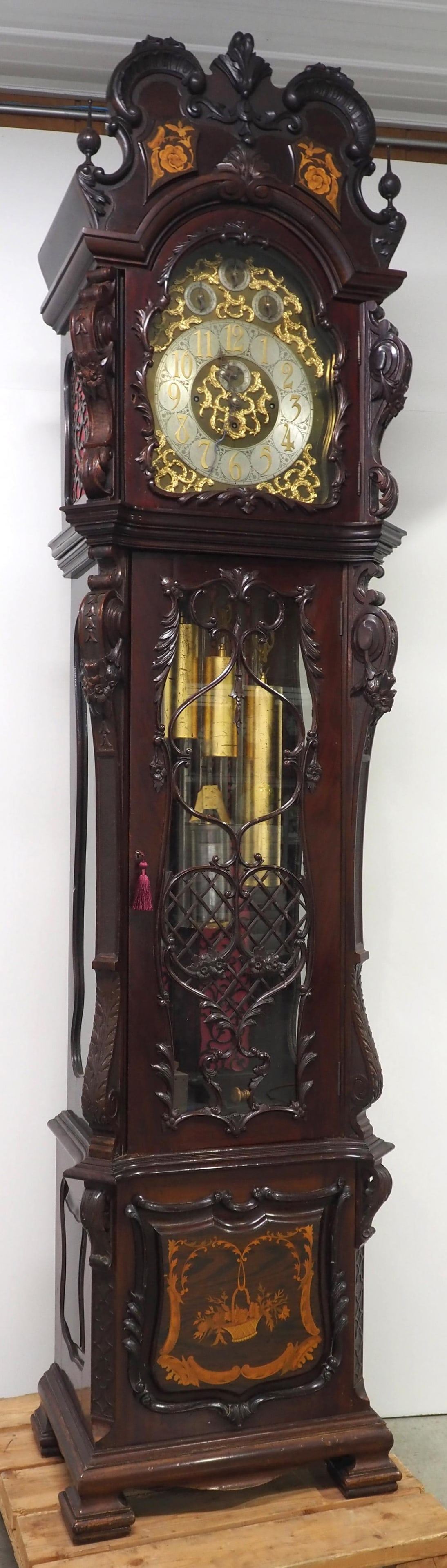 J.J. Elliott Fine Carved Mahogany 9-Tube Tall Case Grandfather Clock c.1890: J.J. Elliott Fine Carved Mahogany 9-Tube Tall Case Grandfather Clock c.1890, Rococo Carved Case, Rosewood Panels, Floral Marquetry and Intricate Fretwork, Mercury Single Tube Pendulum, works are stamp