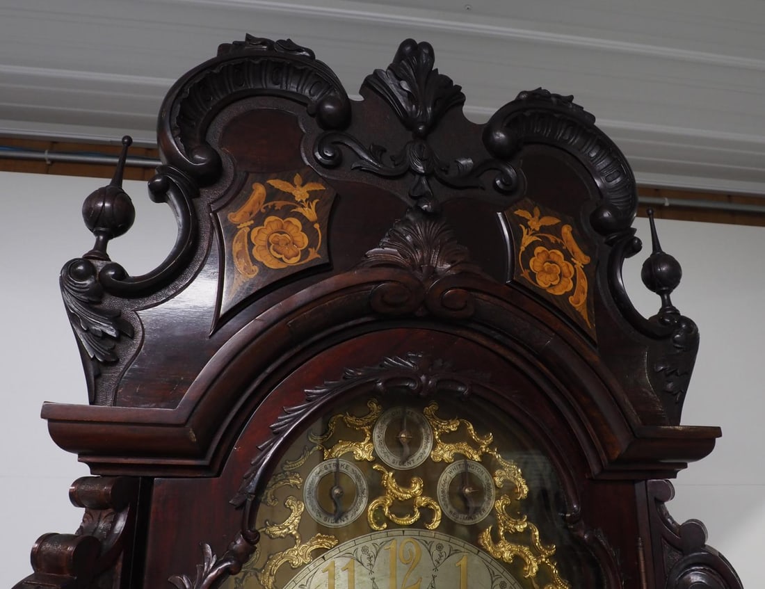 J.J. Elliott Fine Carved Mahogany 9-Tube Tall Case Grandfather Clock c.1890 - 4