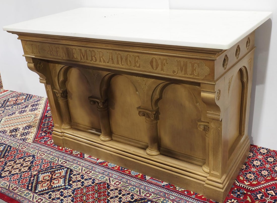 Mid-Century Lime-Washed Oak Late Gothic Church Communion Table: Mid-Century Lime-Washed Oak Late Gothic Church Communion Table "In Remberance of Me" with Custom Marble Top Condition NOTICE! VERY IMPORTANT! Chupp Auctions is pleased to issue an opinion on any lot; 