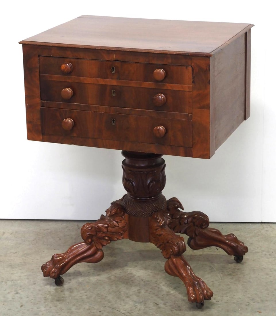 19th Century Federal Work Table with Carved Claw-Foot Pedestal Base (1 of 6)
