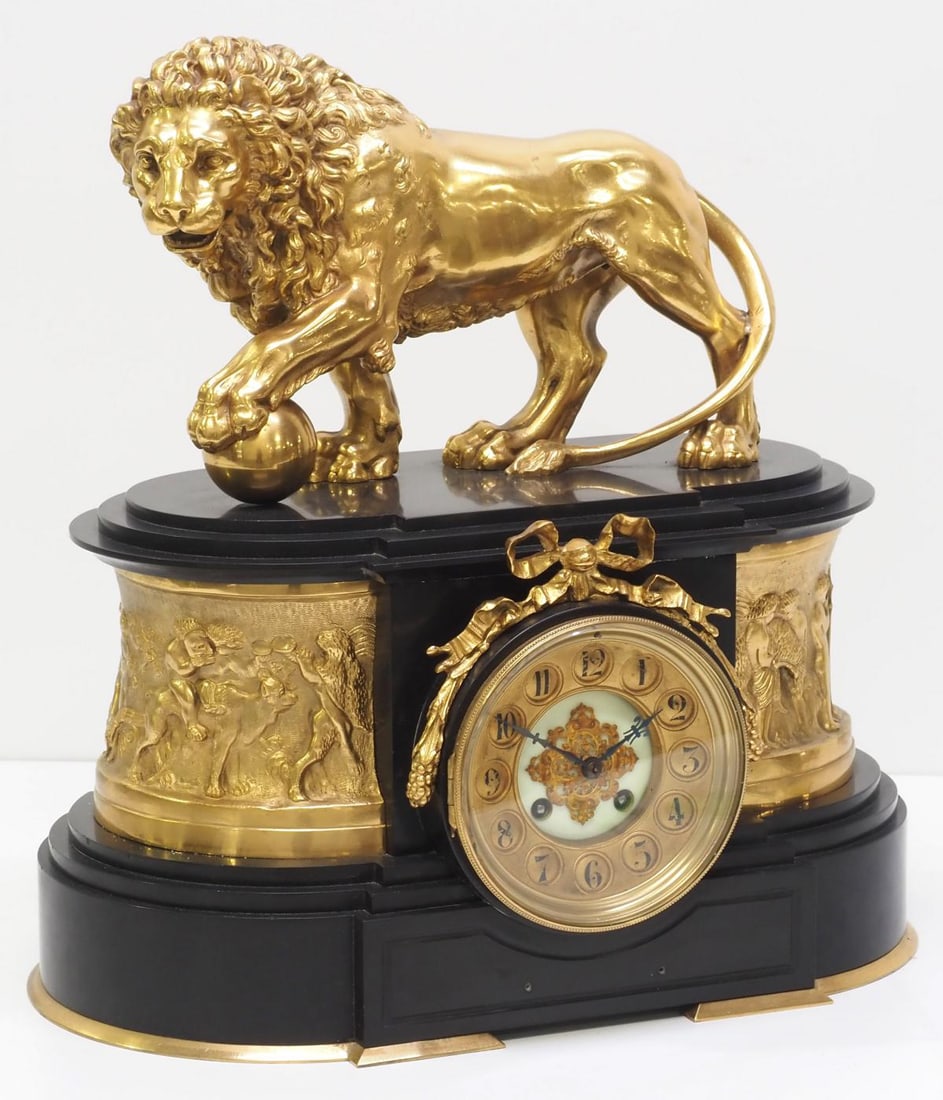 Striking 19th Century French Gilt Medici Bronze Lion Mantle Clock with Slate Case: Striking 19th Century French Gilt Medici Bronze Lion Mantle Clock with Slate Case, works stamped 534 Condition NOTICE! VERY IMPORTANT! Chupp Auctions is pleased to issue an opinion on any lot; the abs