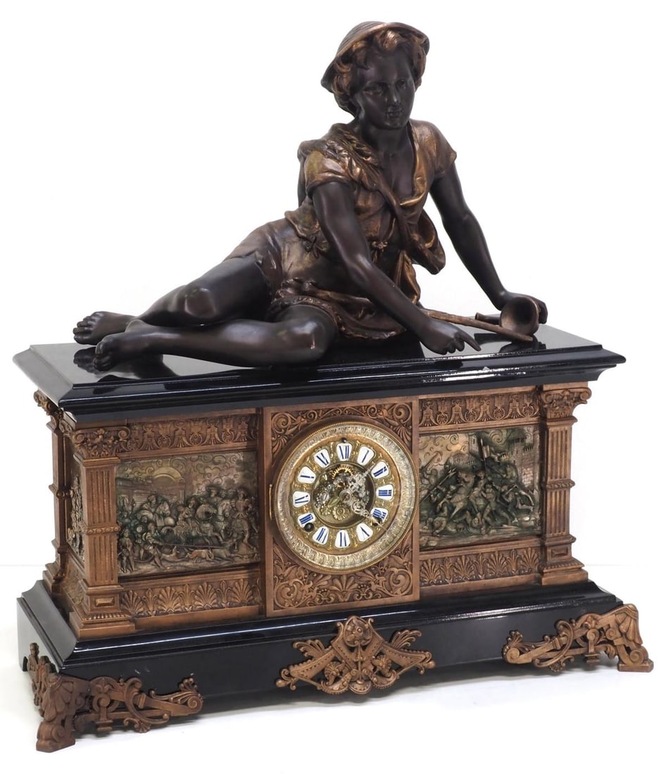 Ansonia 'Columbia' Shepherd Boy Mantle Clock: Ansonia "Columbia" Shepherd Boy Mantle Clock with Open Escapement, Japanned Iron Case and Blue Enamel Roman Numerals, c.1904. Featured in Tran Duy's Ansonia Clocks pg 406 Condition NOTICE! VERY IMPORT