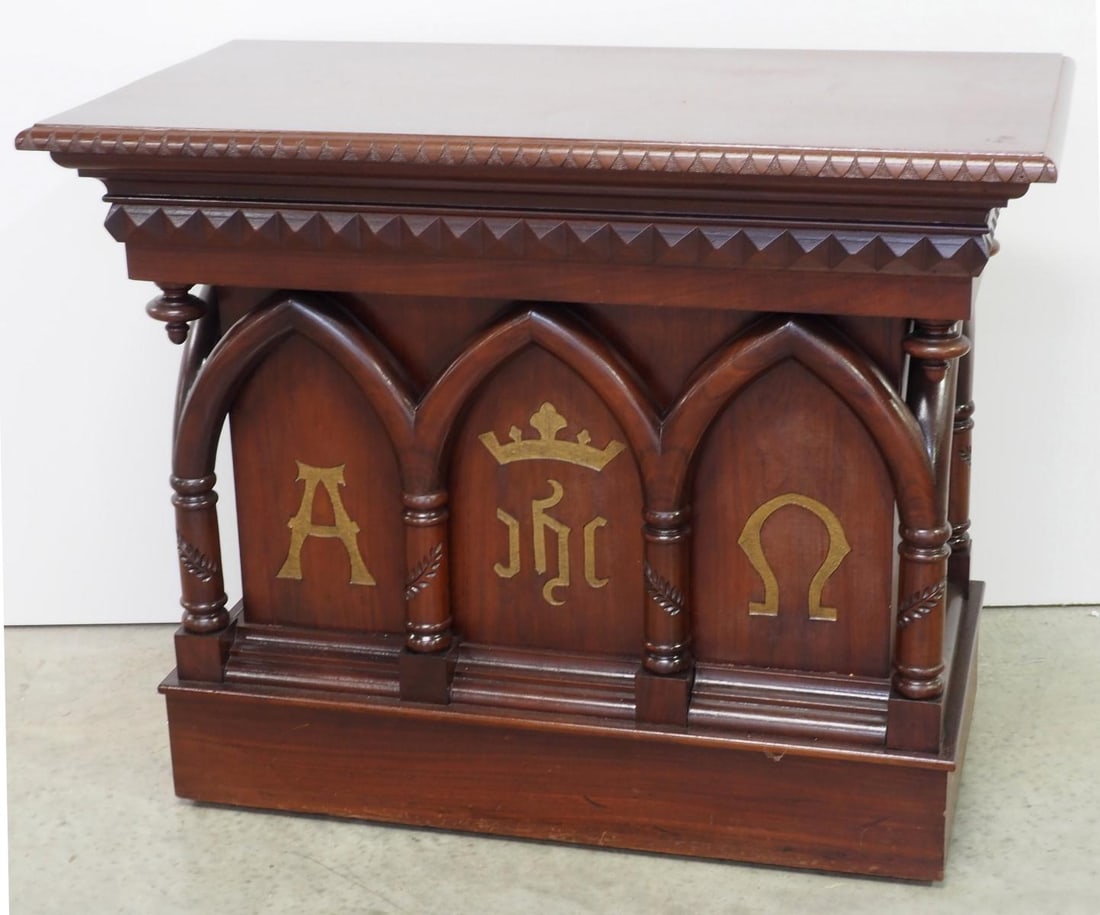 Gothic-style Mahogany Altar with Arches and Symbols: Gothic-style Mahogany Altar with Arches and Symbols for Alpha and Omega Condition NOTICE! VERY IMPORTANT! Chupp Auctions is pleased to issue an opinion on any lot; the absence of a condition report do