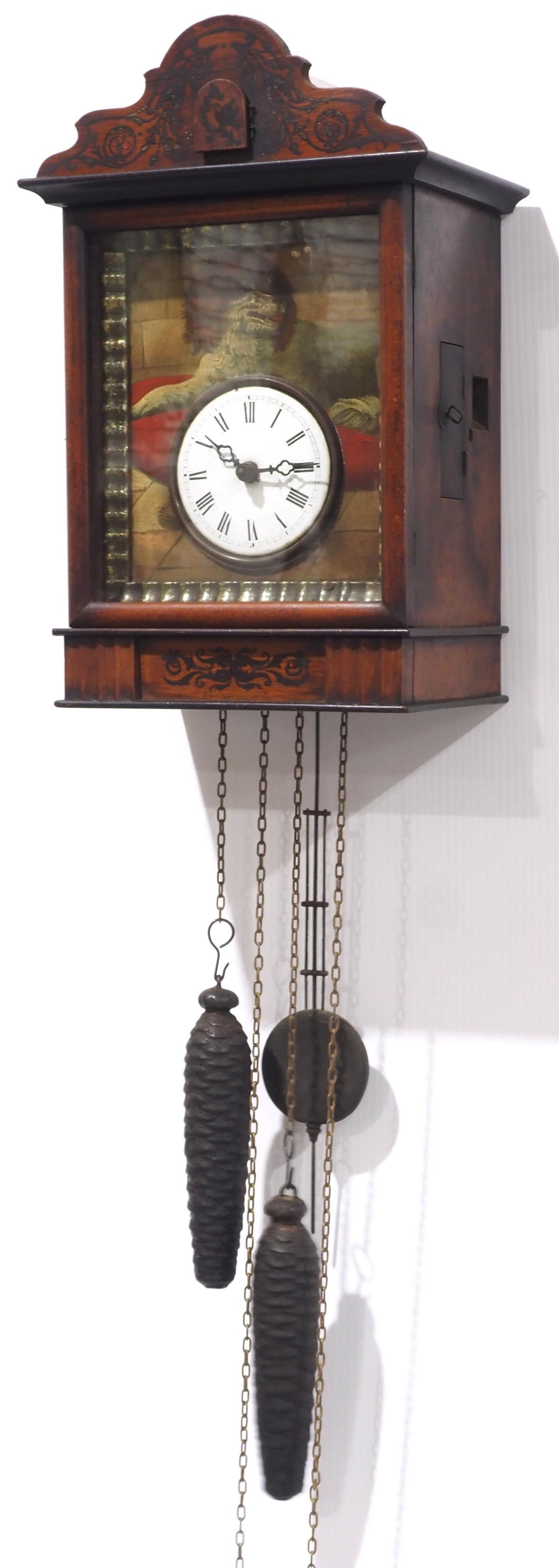 Black Forest Dog Blinking Eye Cuckoo Clock: Black Forest Dog Blinking Eye Cuckoo Clock with Enameled Dial (clock case measurement without chains) Condition NOTICE! VERY IMPORTANT! Chupp Auctions is pleased to issue an opinion on any lot; the ab