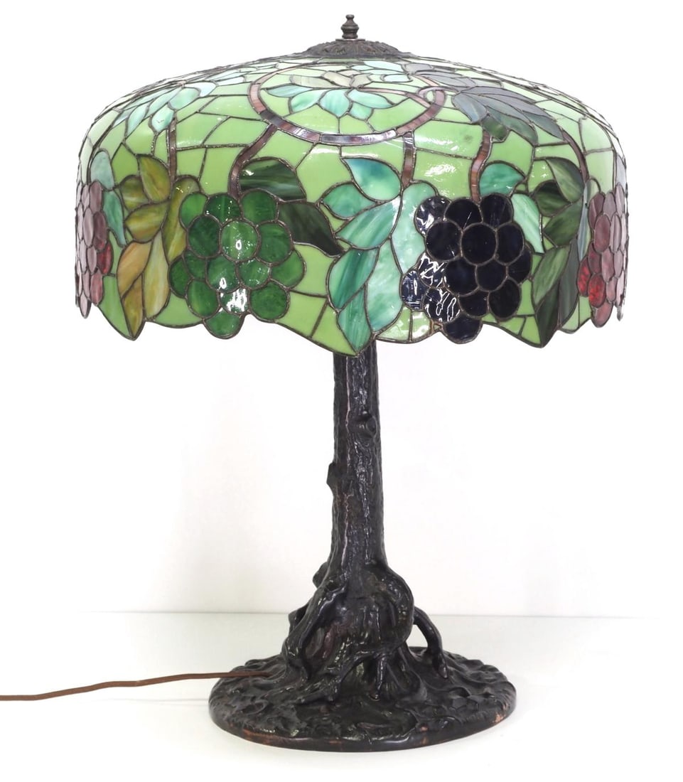 Quality Leaded Glass Grapevine Table Lamp with Gorham Bronze Twisted Tree Trunk Base (1 of 6)