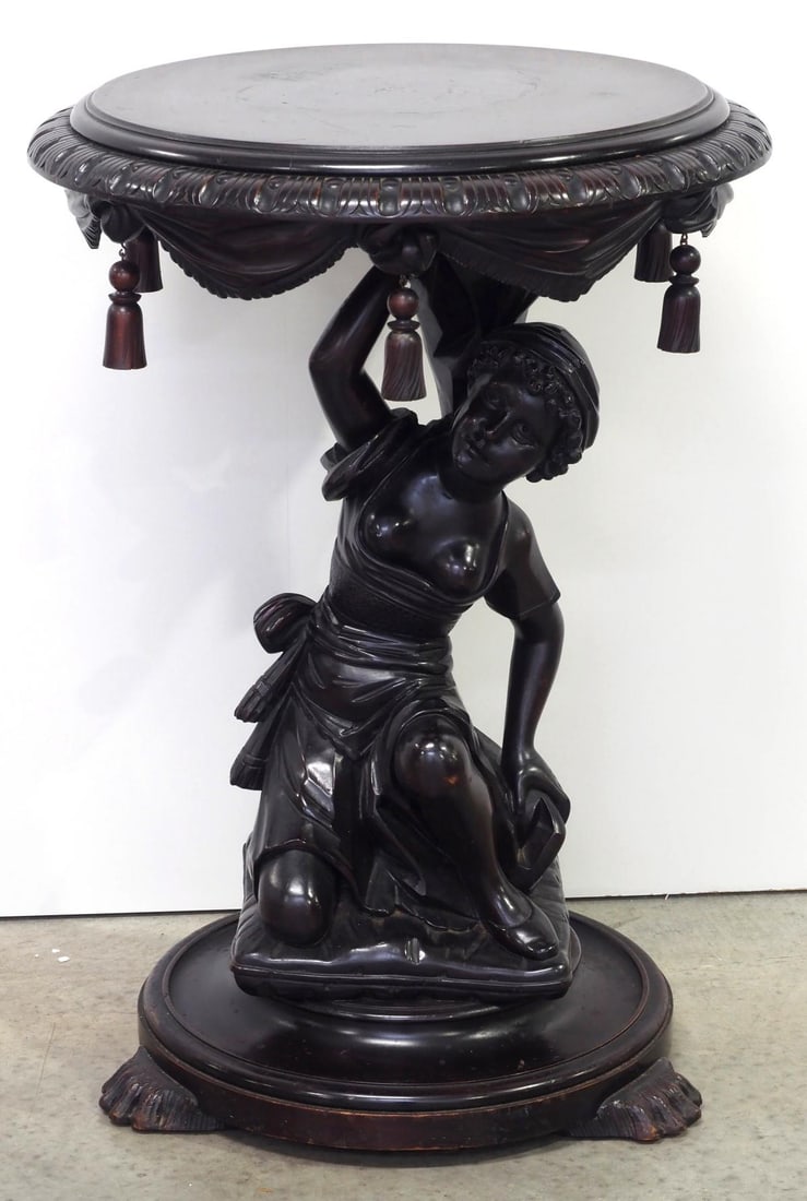 Quality Victorian Carved Mahogany Moorish Figural Tassle Table by R.J. Horner: Quality Victorian Carved Mahogany Moorish Figural Tassle Table by R.J. Horner Condition NOTICE! VERY IMPORTANT! Chupp Auctions is pleased to issue an opinion on any lot; the absence of a condition rep