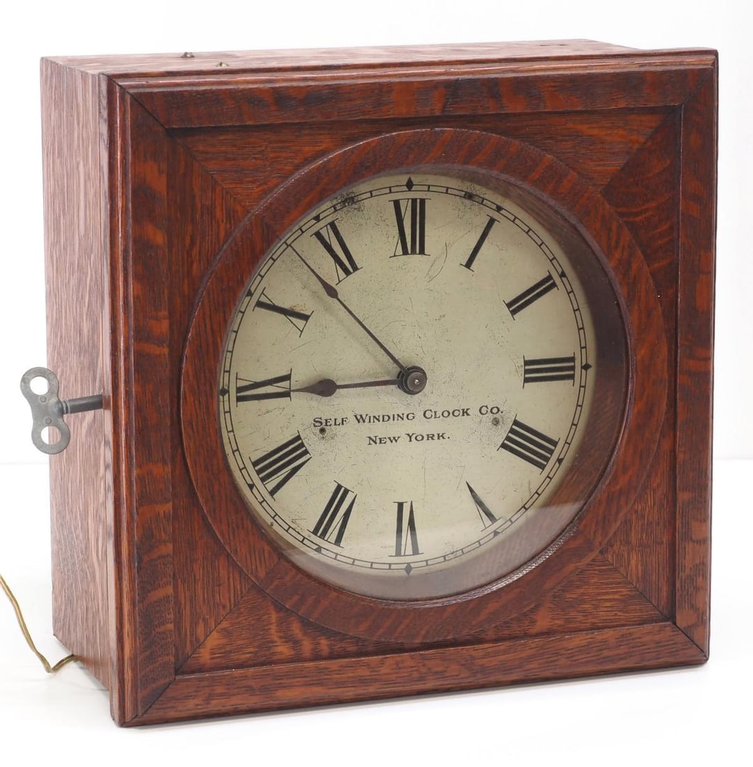 Quartersawn Oak Secondary Slave Wall Clock by Self Winding Clock Co.: Quartersawn Oak Secondary Slave Wall Clock by Self Winding Clock Co., New York with Original Varnish Condition NOTICE! VERY IMPORTANT! Chupp Auctions is pleased to issue an opinion on any lot; the abs