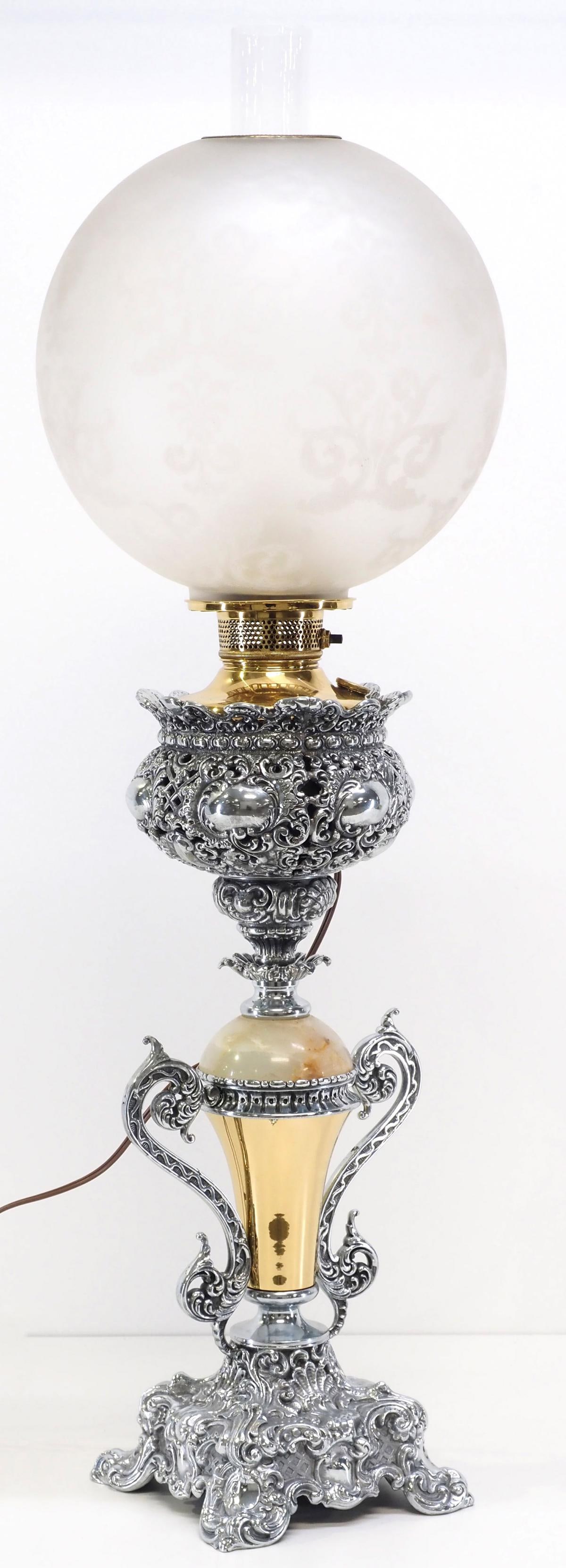 Polished Brass & Nickel 2-Tone Victorian Banquet Lamp with Frosted Glass Globe (1 of 6)