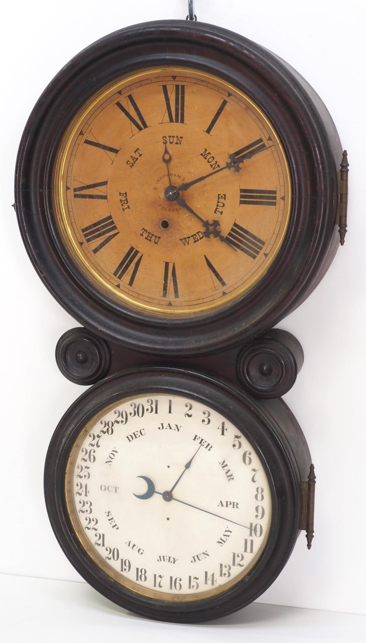 19th Century E. Ingraham 'Ionic' Double Dial Calendar Wall Clock (1 of 5)