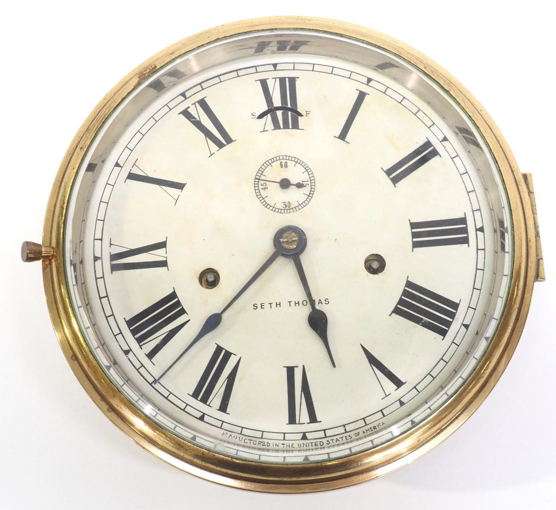 Round Seth Thomas Brass Housed Lever Banner Ships Clock (1 of 4)