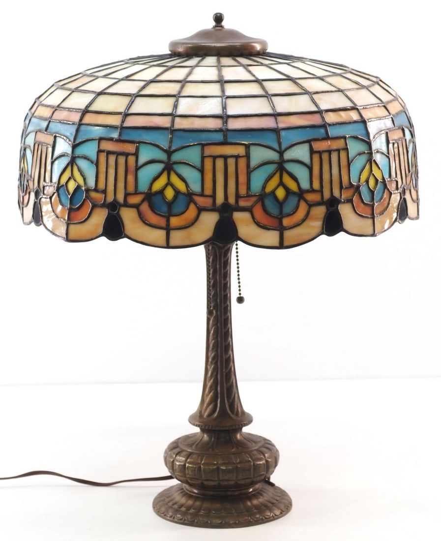 Lamb Brothers Mosaic Leaded Slag Glass Table Lamp: Lamb Brothers Mosaic Leaded Slag Glass Table Lamp, circa 1915 Condition NOTICE! VERY IMPORTANT! Chupp Auctions is pleased to issue an opinion on any lot; the absence of a condition report does not ind
