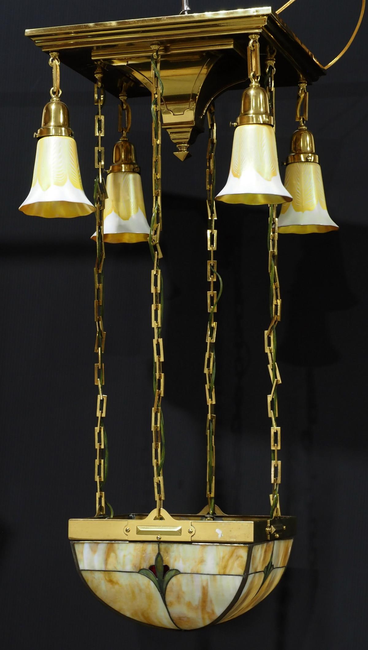Arts & Craft Chandelier with Leaded Glass Dome and 4 Signed Quezal Shades: Arts & Craft Polished Brass Flush Mount Chandelier with Leaded Glass Low Hanging Central Dome and 4 Signed Quezal Feathered Gold Aurene Shades Condition NOTICE! VERY IMPORTANT! Chupp Auctions is pleas