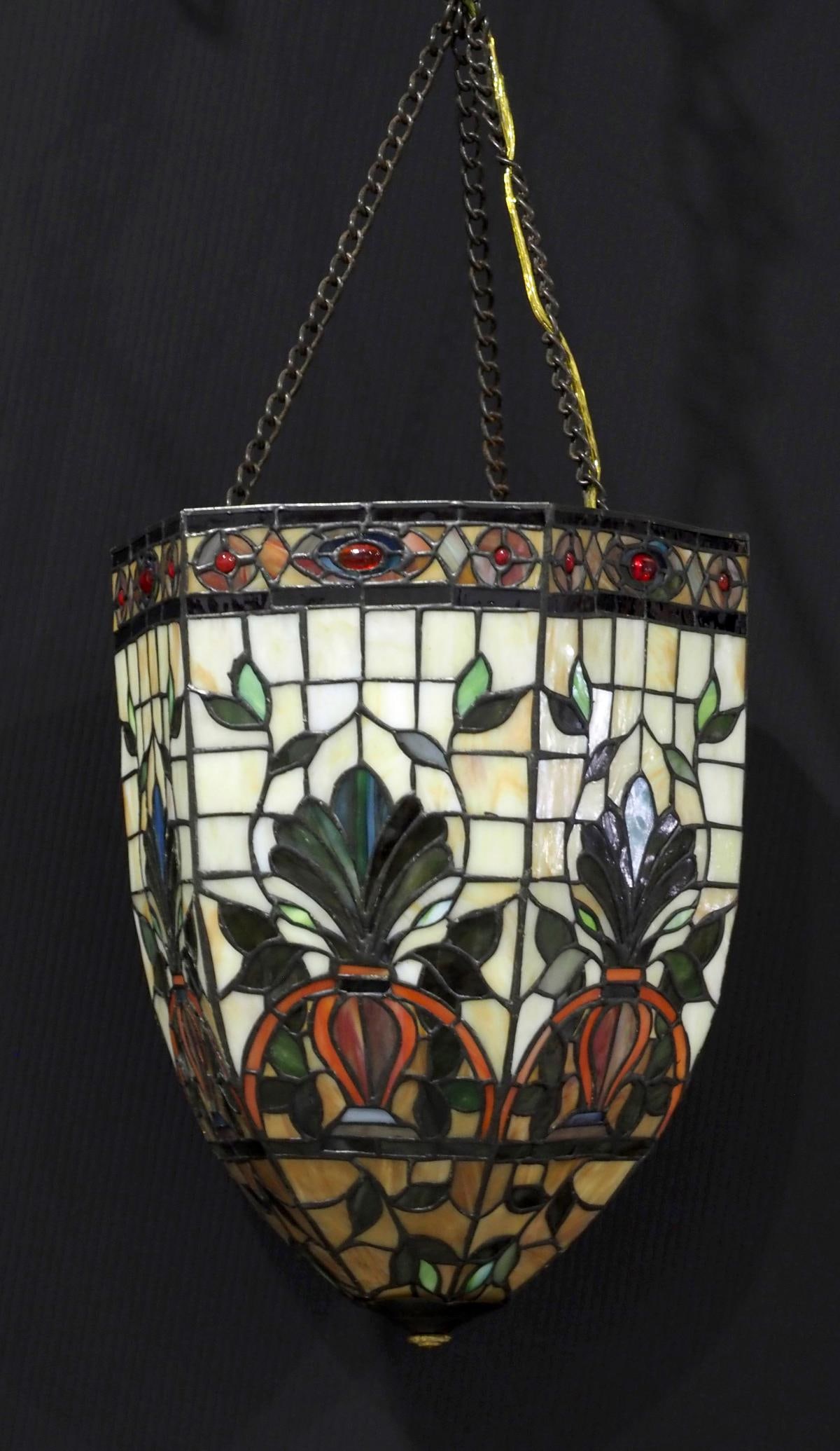 Stained Glass Foyer Light with Floral Motif: Stained Glass Foyer Light with Floral Motif, Stamped Quoizel Collectibles Condition NOTICE! VERY IMPORTANT! Chupp Auctions is pleased to issue an opinion on any lot; the absence of a condition report