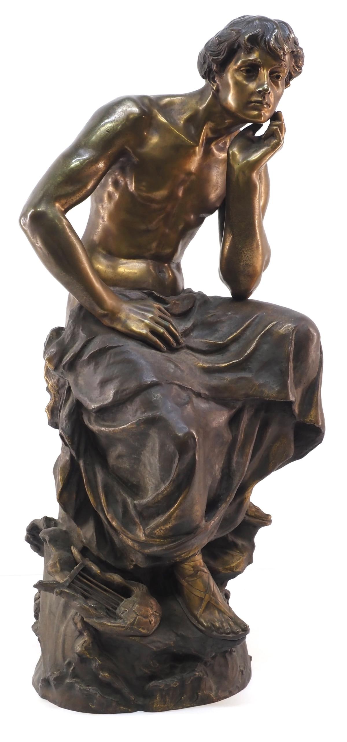 French 'Le jeune penseur' Bronze Sculpture of Young Man with Lyre: French "Le jeune penseur" Bronze Sculpture of Young Man with Lyre with Exceptional Gold Patina Condition NOTICE! VERY IMPORTANT! Chupp Auctions is pleased to issue an opinion on any lot; the