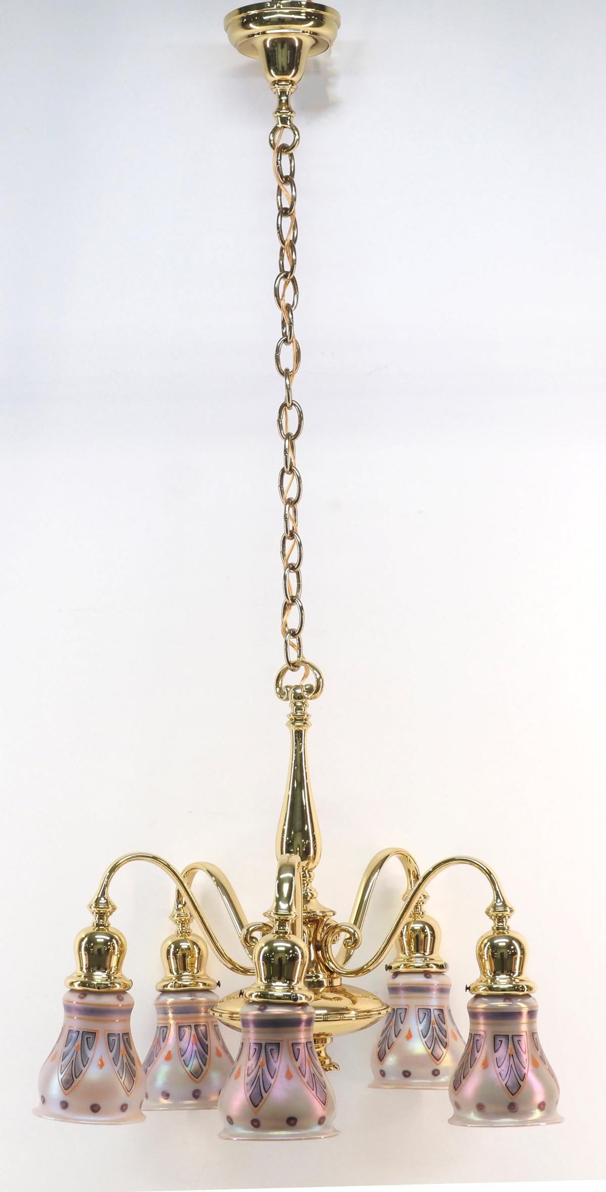 Polished Brass Hanging Chain 5-Arm Chandelier with 5 Art Deco Shades: Polished Brass Hanging Chain 5-Arm Chandelier with 5 Gold Aurene Art Deco Shades Condition NOTICE! VERY IMPORTANT! Chupp Auctions is pleased to issue an opinion on any lot; the absence of a condition 