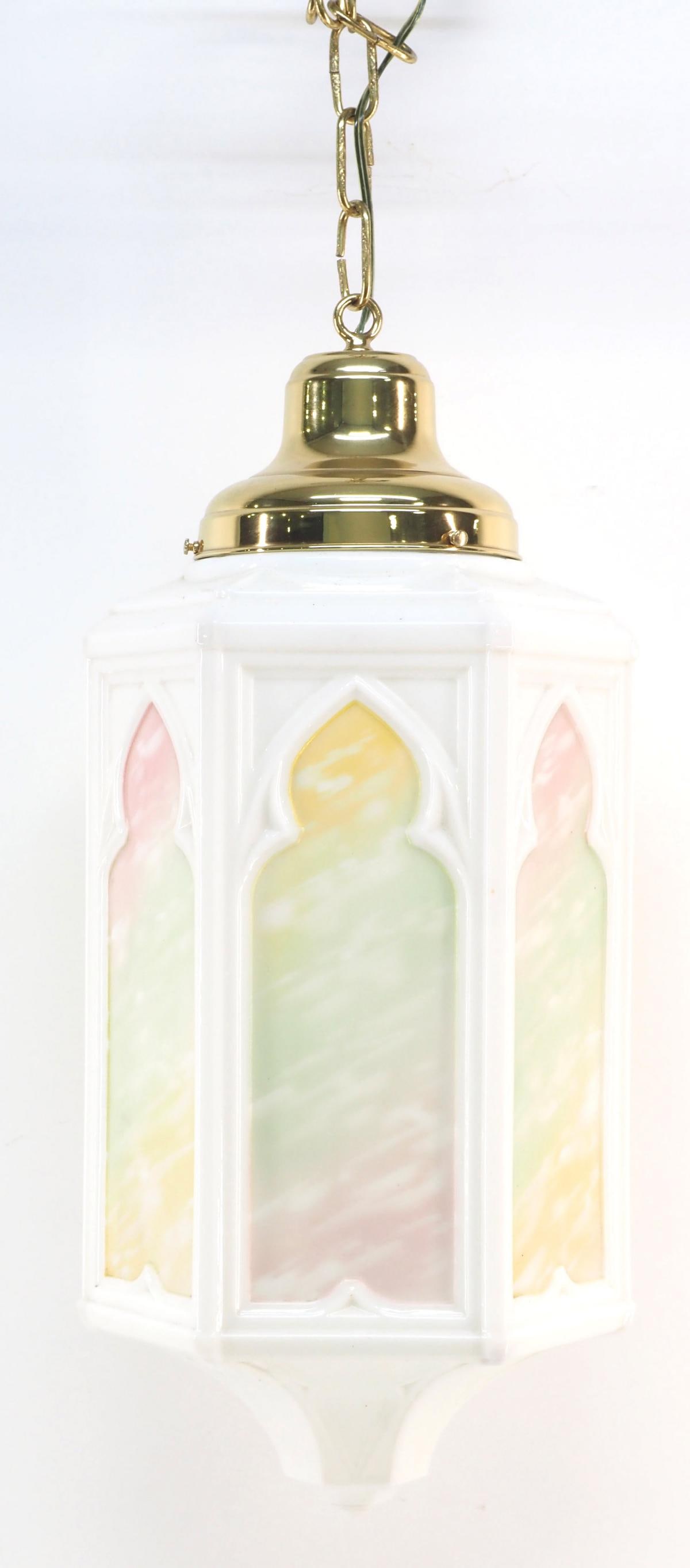 Milk Glass Pendant Light with Pastel Ombre Panels: Milk Glass Pendant Light with Pastel Ombre Panels Condition NOTICE! VERY IMPORTANT! Chupp Auctions is pleased to issue an opinion on any lot; the absence of a condition report does not indicate that a