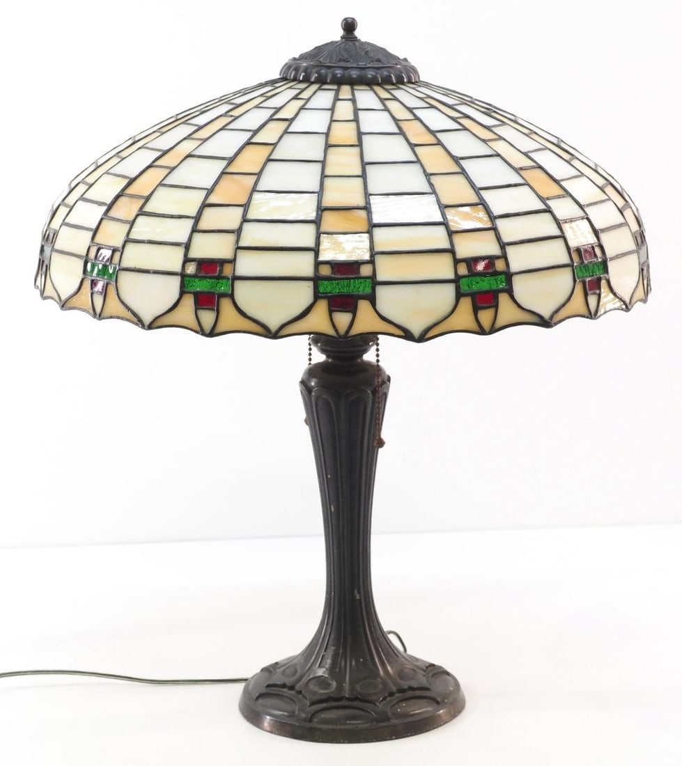 Lamb Brothers Geometric Mosaic Leaded Glass Table Lamp: Lamb Brothers Geometric Mosaic Leaded Glass Table Lamp, 1915 Condition NOTICE! VERY IMPORTANT! Chupp Auctions is pleased to issue an opinion on any lot; the absence of a condition report does not indi
