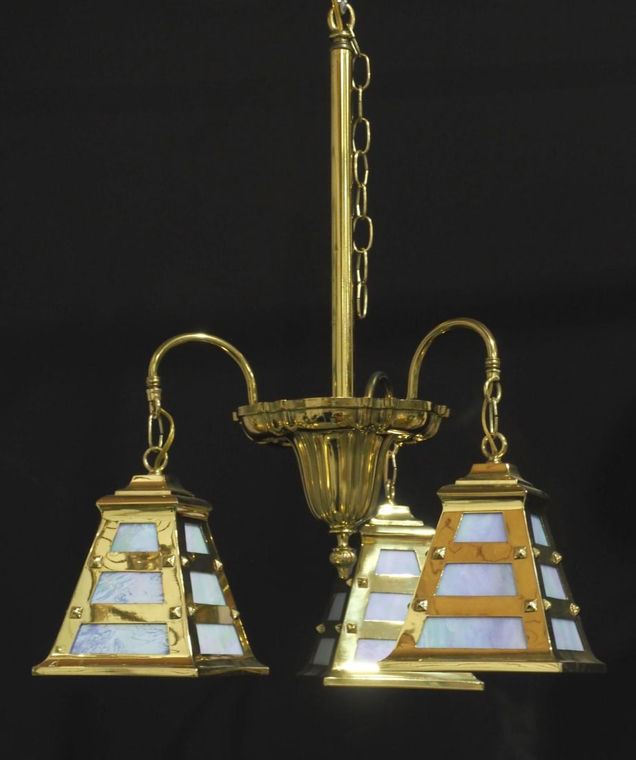 Arts & Crafts Polished Brass Chandelier with Slag Glass Panels: Arts & Crafts Polished Brass Chandelier with Slag Glass Panels Condition NOTICE! VERY IMPORTANT! Chupp Auctions is pleased to issue an opinion on any lot; the absence of a condition report does not