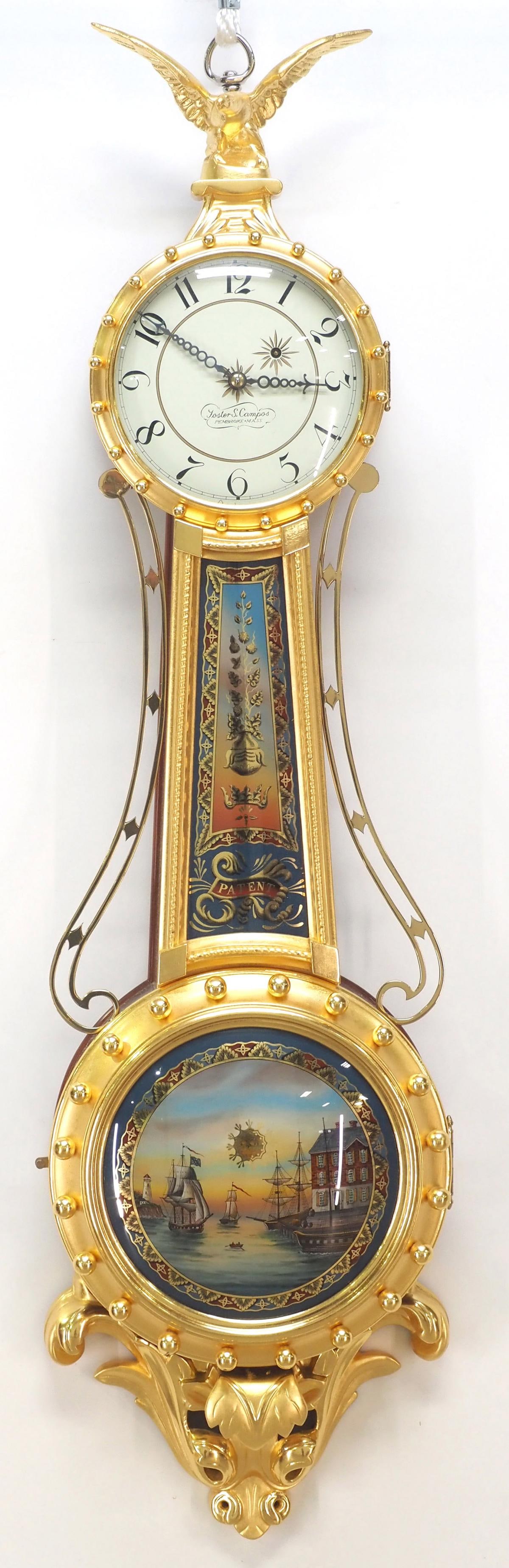 Foster S. Campos Girandole Banjo Clock, Pembroke, Mass.: Foster S. Campos Girandole Banjo Clock, Pembroke, Mass., Mahogany Case with Painted Glass of Boston Harbor Scene, Metal Dial, With Key. Foster was a Student of Elmer Stennes and this is a Fine Copy of