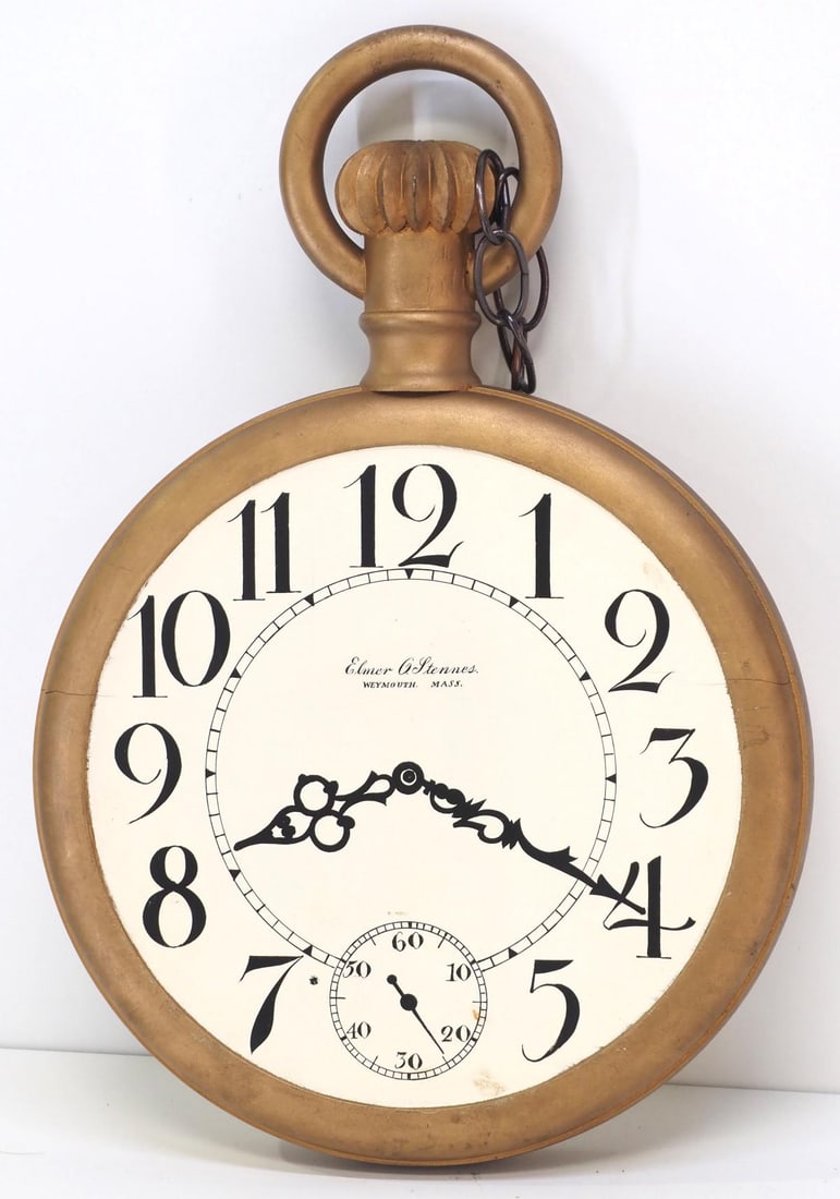 Elmer O. Stennes Wooden Pocketwatch Trade Sign: Elmer O. Stennes Wooden Pocketwatch Trade Sign, all wood with painted dial on both sides Condition NOTICE! VERY IMPORTANT! Chupp Auctions is pleased to issue an opinion on any lot; the absence of a co