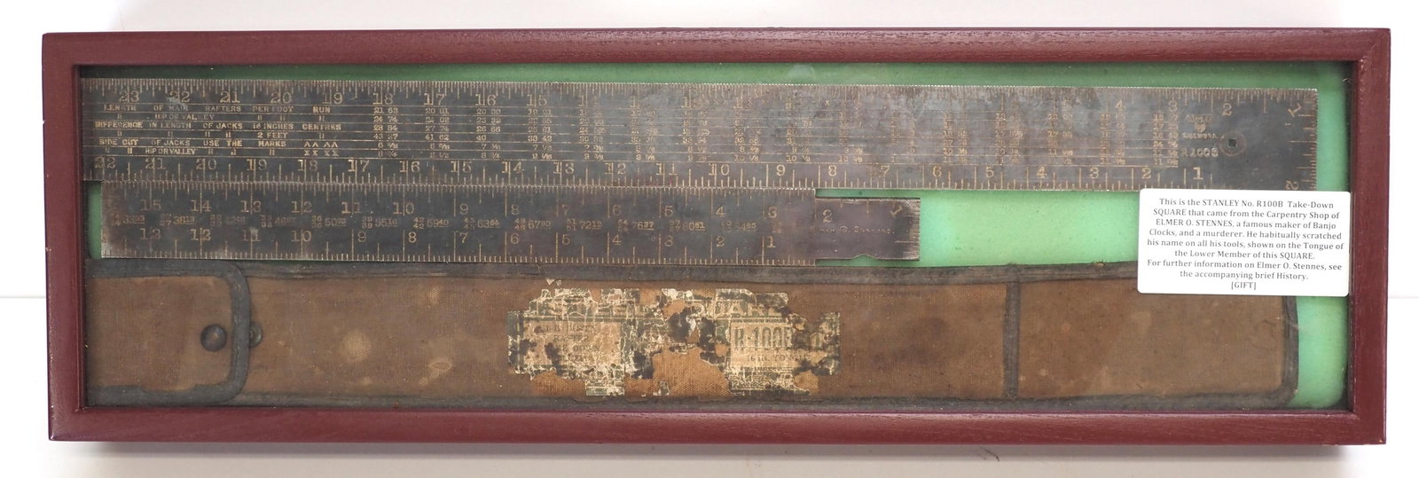 Stanley No.R100B Square from the Elmer Stennes Carpentry Shop: Stanley No.R100B Square from the Elmer Stennes Carpentry Shop, Engraved with Elmer's name Condition NOTICE! VERY IMPORTANT! Chupp Auctions is pleased to issue an opinion on any lot; the absence of a c