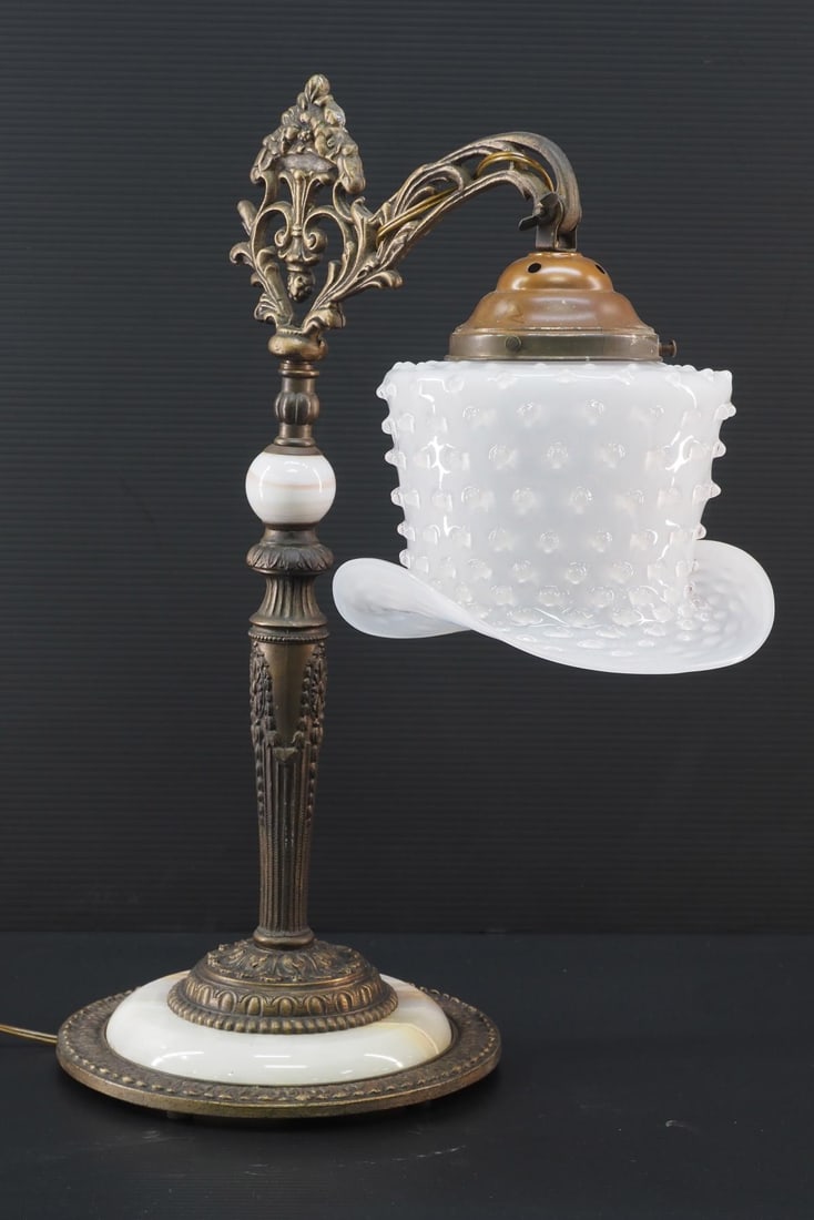 Decorative Table Lamp with Onyx Base Details and Hobnail Top Hat Shade: Decorative Table Lamp with Onyx Base Details and Scarce Opalescent Hobnail Top Hat Shade, base marked "R-7022, Pat Appld For" Condition NOTICE! VERY IMPORTANT! Chupp Auctions is pleased to i